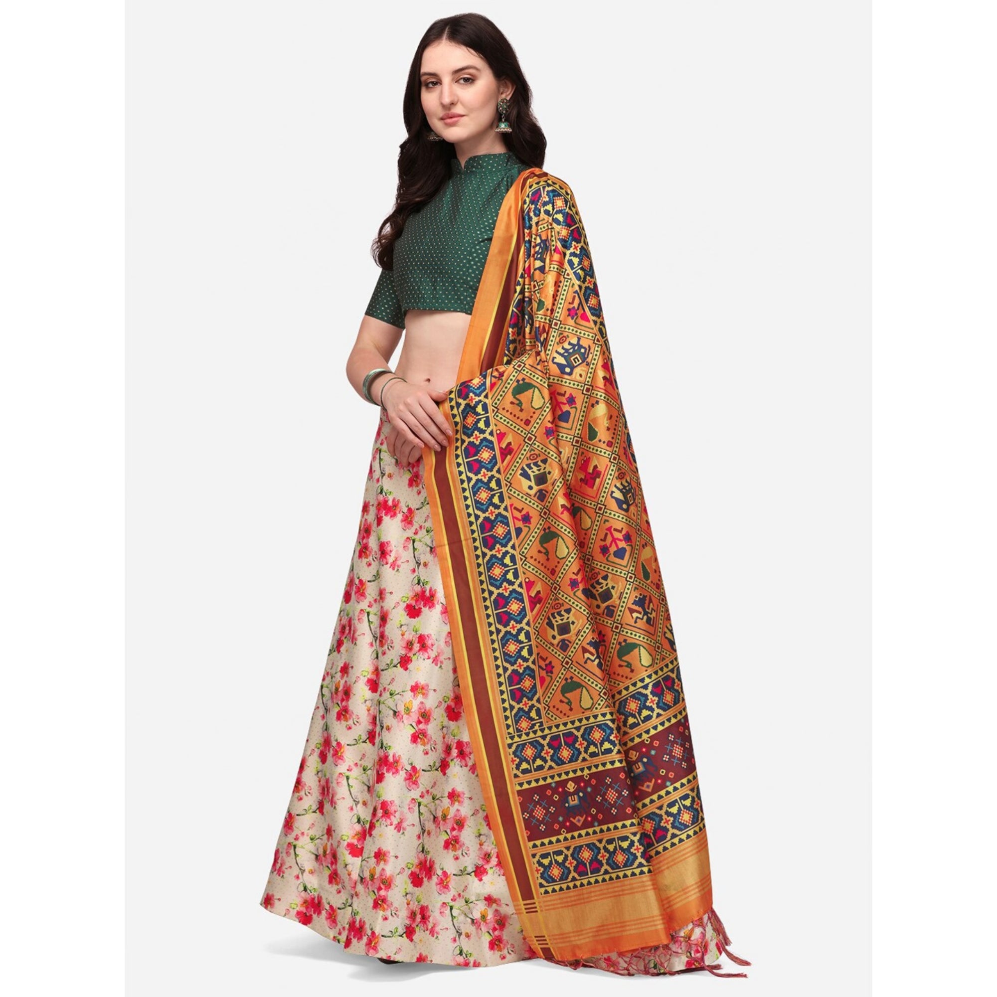 Women's Digital Print Shiney Satin Semistitched Lehenga Choli With Unstitched Blouse And Thred Work Dupatta