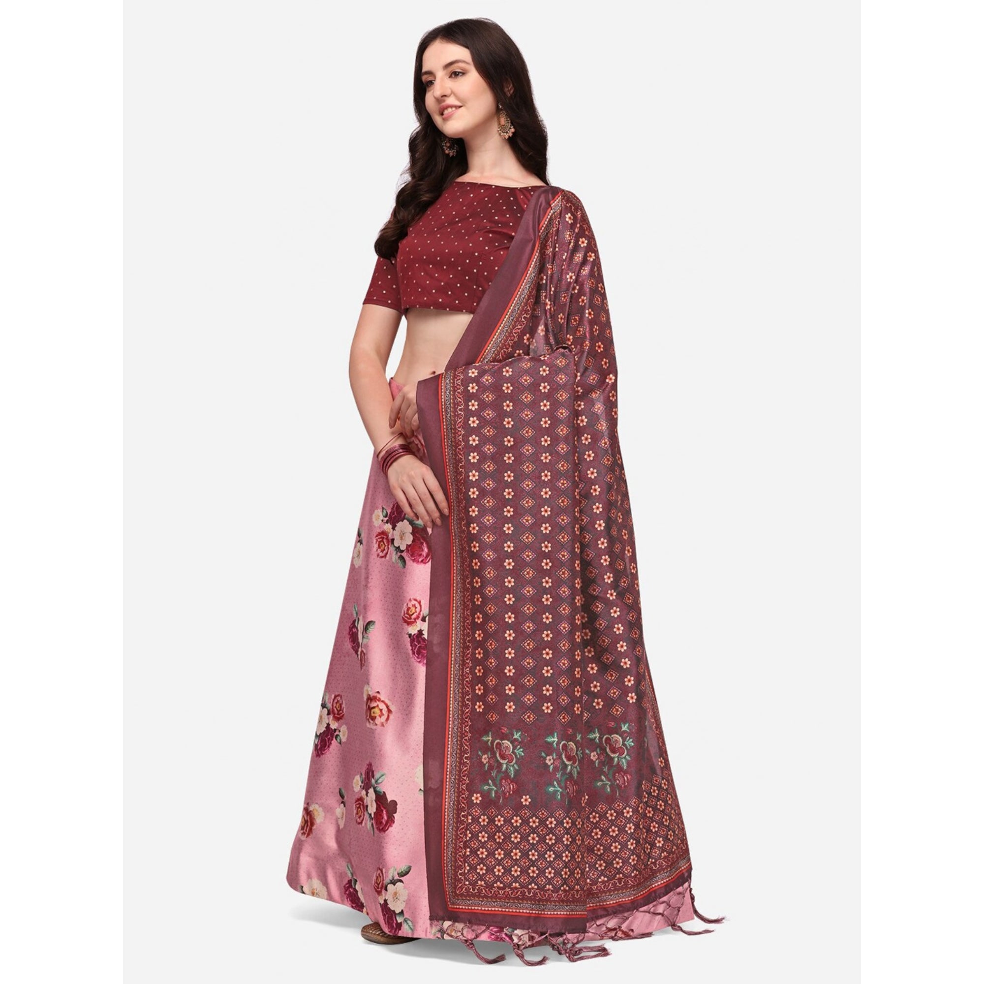 Women's Digital Print Shiney Satin Semistitched Lehenga Choli With Unstitched Blouse And Thred Work Dupatta