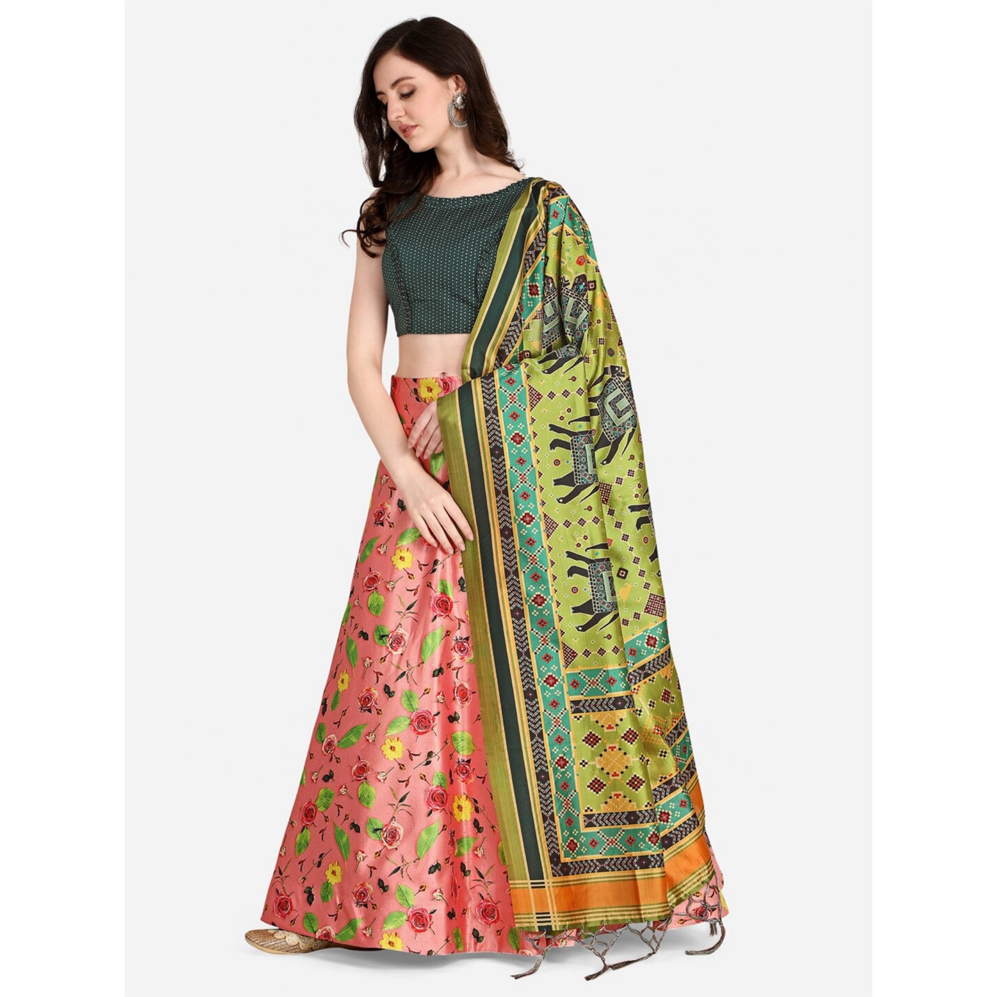 Women's Digital Print Shiney Satin Semistitched Lehenga Choli With Unstitched Blouse And Thred Work Dupatta