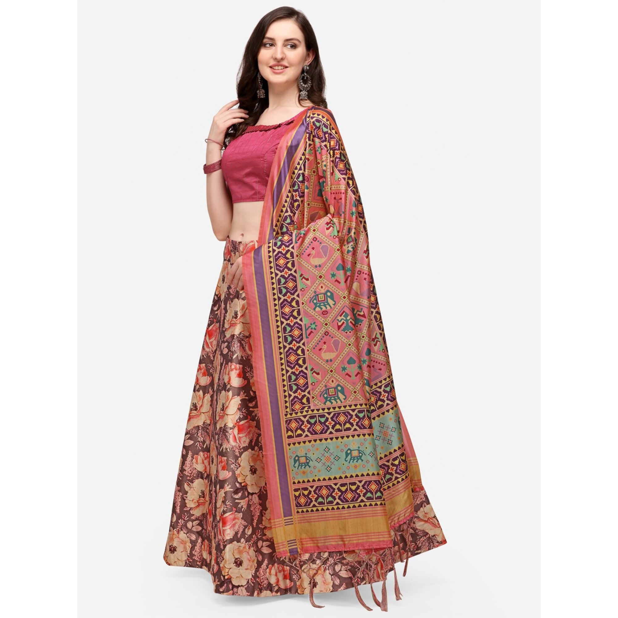 Women's Digital Print Shiney Satin Semistitched Lehenga Choli With Unstitched Blouse And Thred Work Dupatta