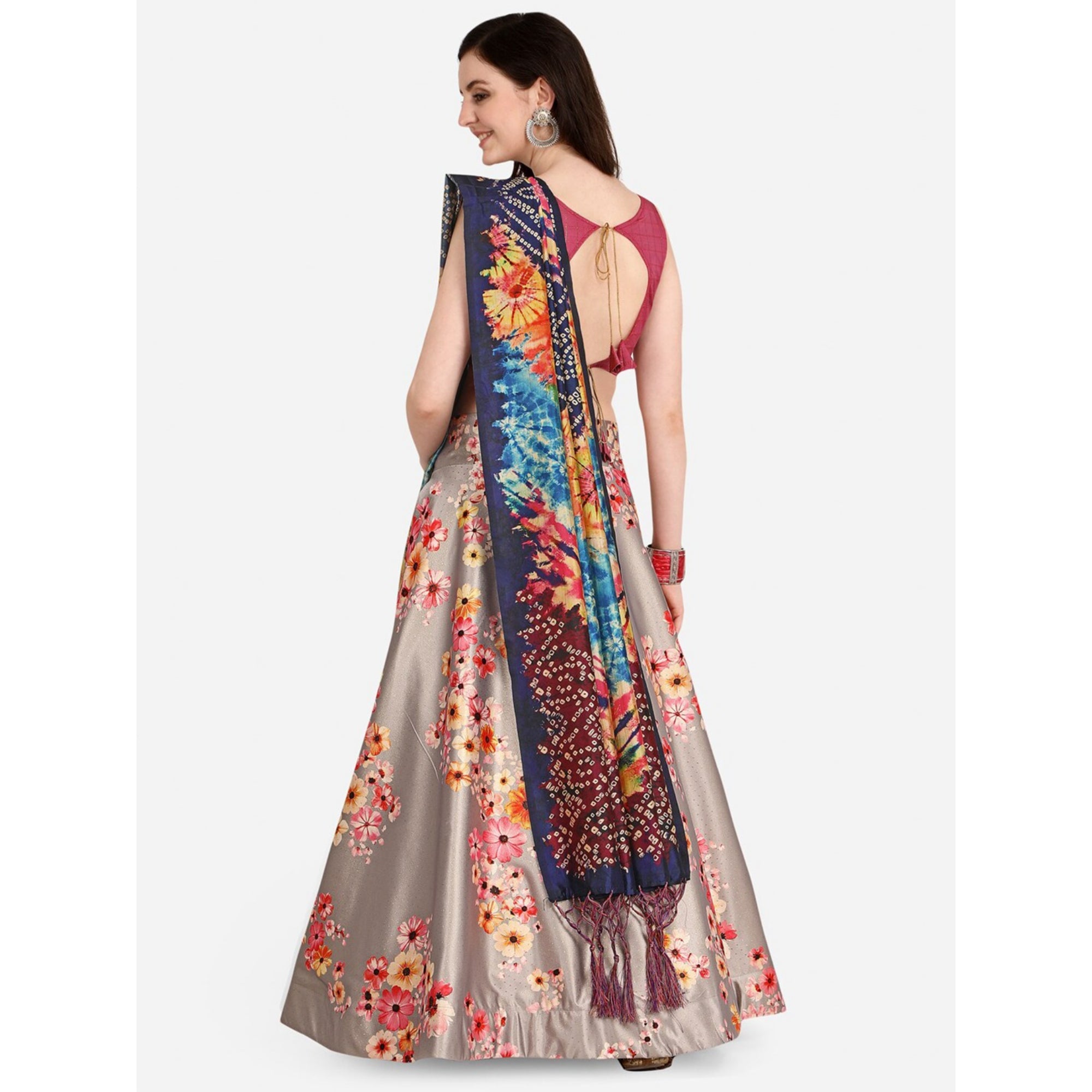 Women's Digital Print Shiney Satin Semistitched Lehenga Choli With Unstitched Blouse And Thred Work Dupatta