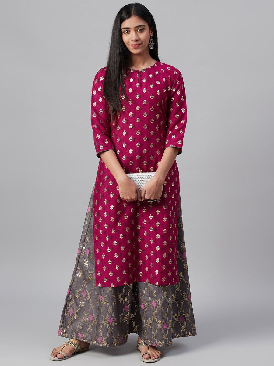 Buy Womens Pink Poly Silk Foil Printed Straight Kurta With Palazzo Set