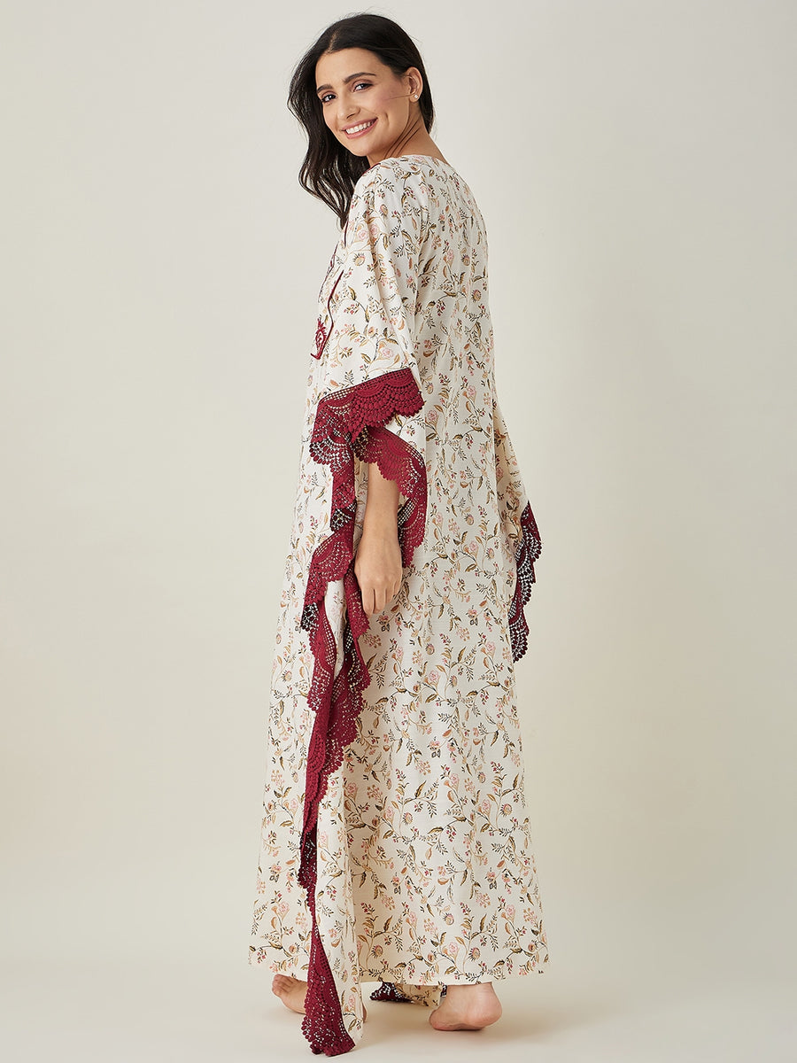 Beaded Flowing Kaftan In White Floral