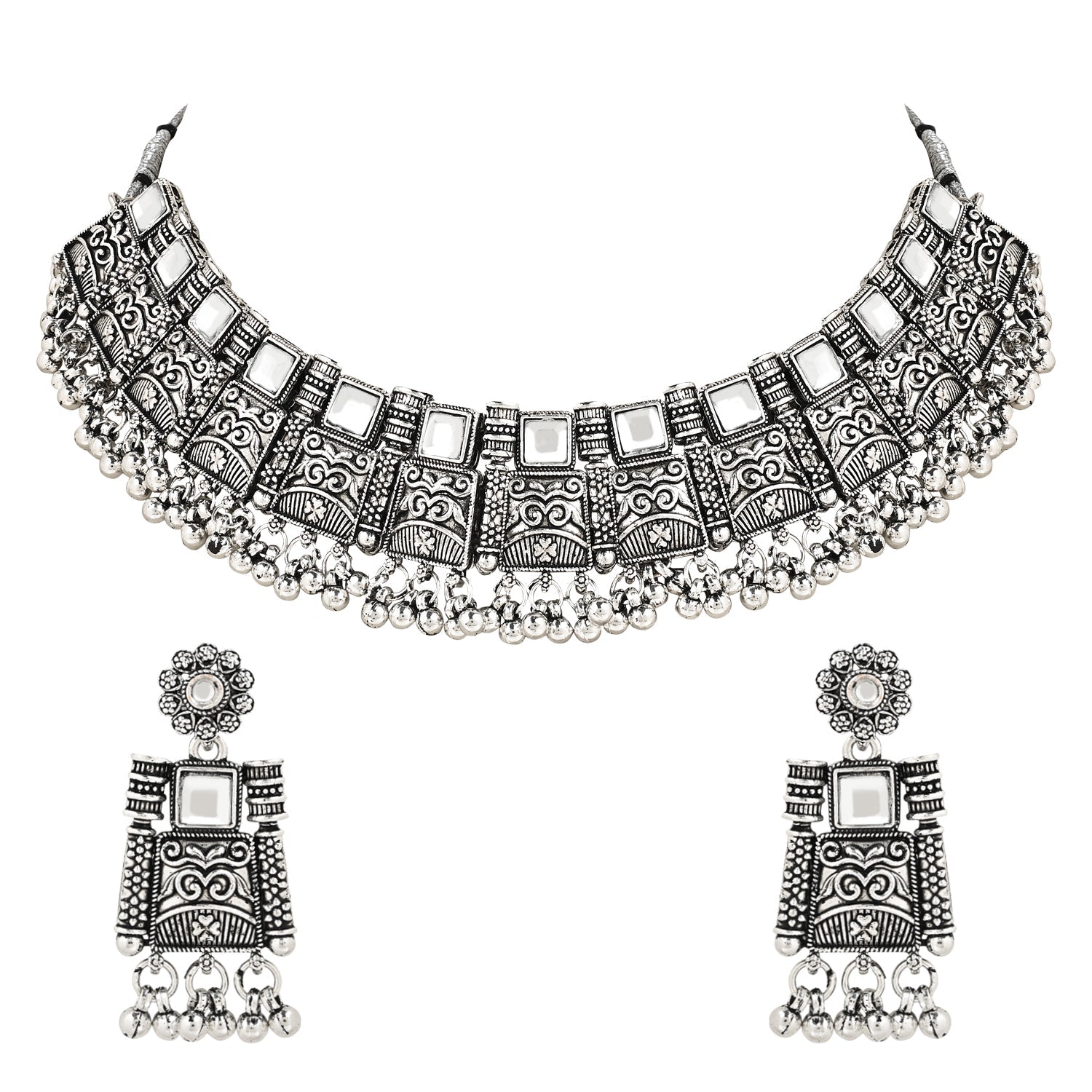 Women's Antique Silver Oxidized Ethnic Traditional Afghani Choker Necklace Jewellery Set