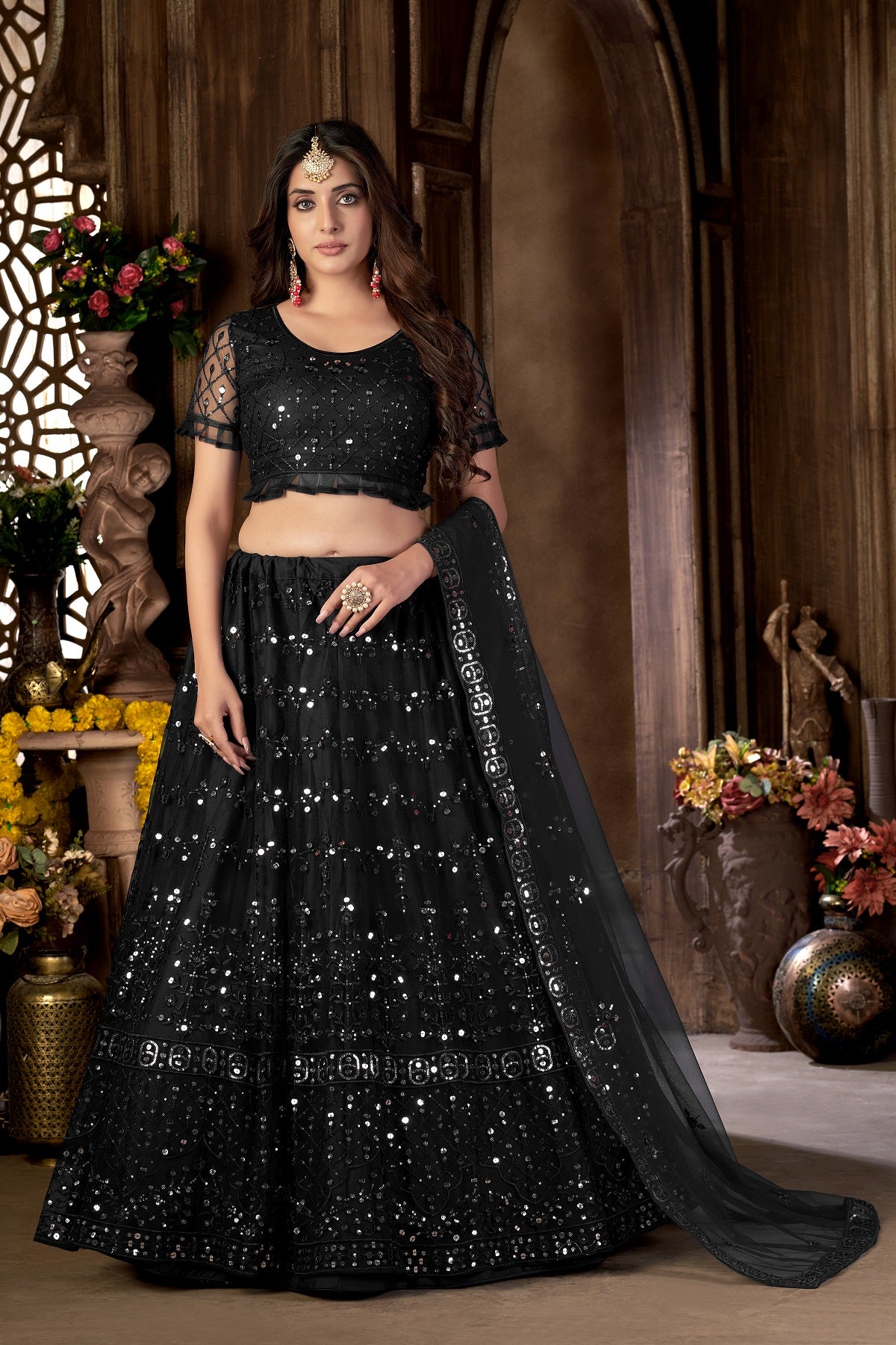 Women's Black Net Heavy Multi Embroidered Lehenga Choli Set