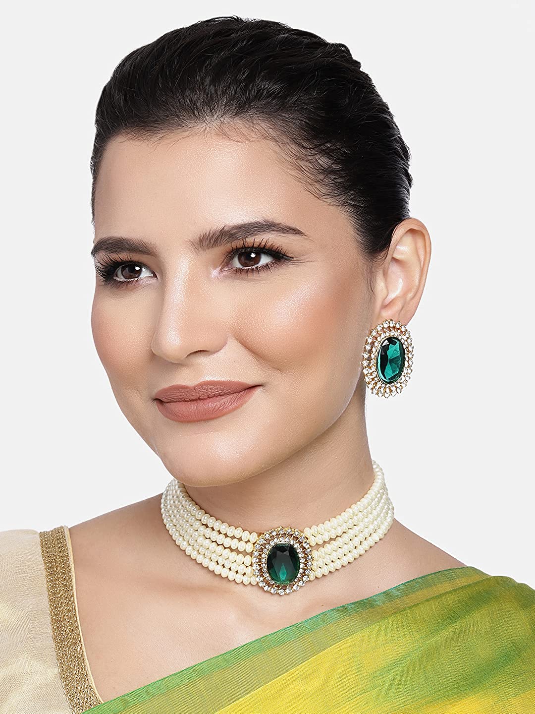 Women's Gold Plated Traditional Green Stone Studded Pearl Choker Necklace Jewellery Set