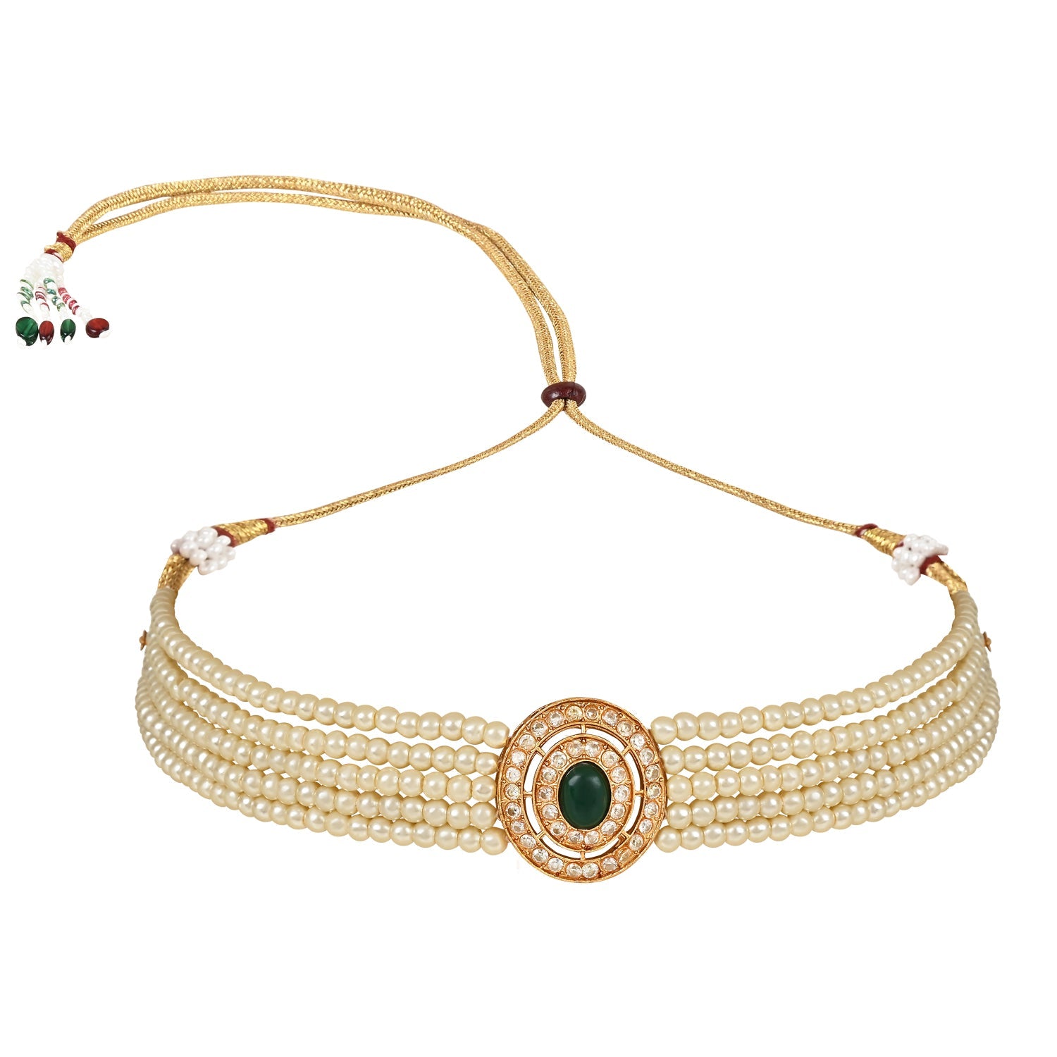 Women's 18K Gold Plated Traditional Handcrafted Stone Studded Pearl Choker Necklace Jewellery Set With Earrings