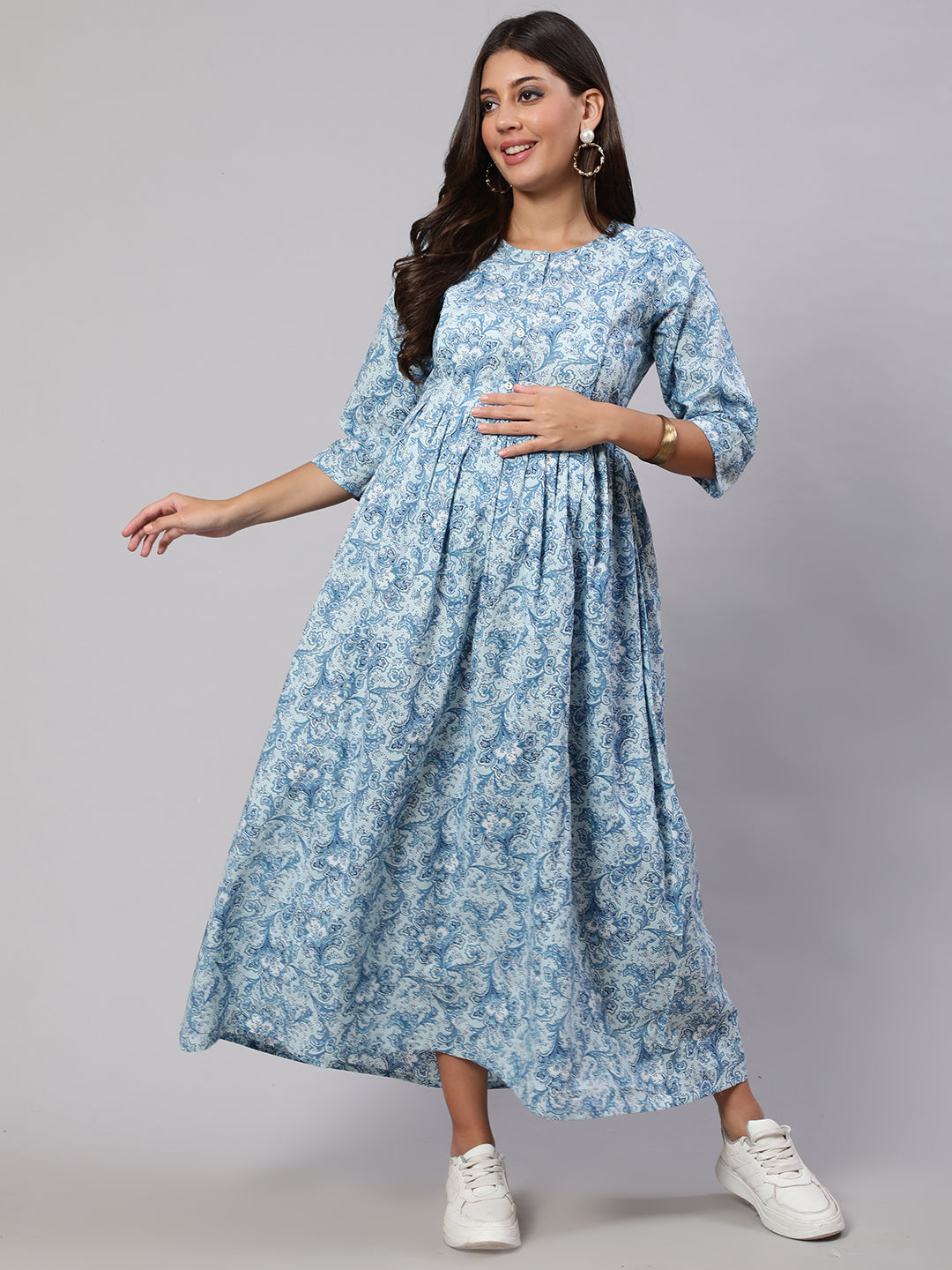 Women's Blue Printed Flared Maternity Dress