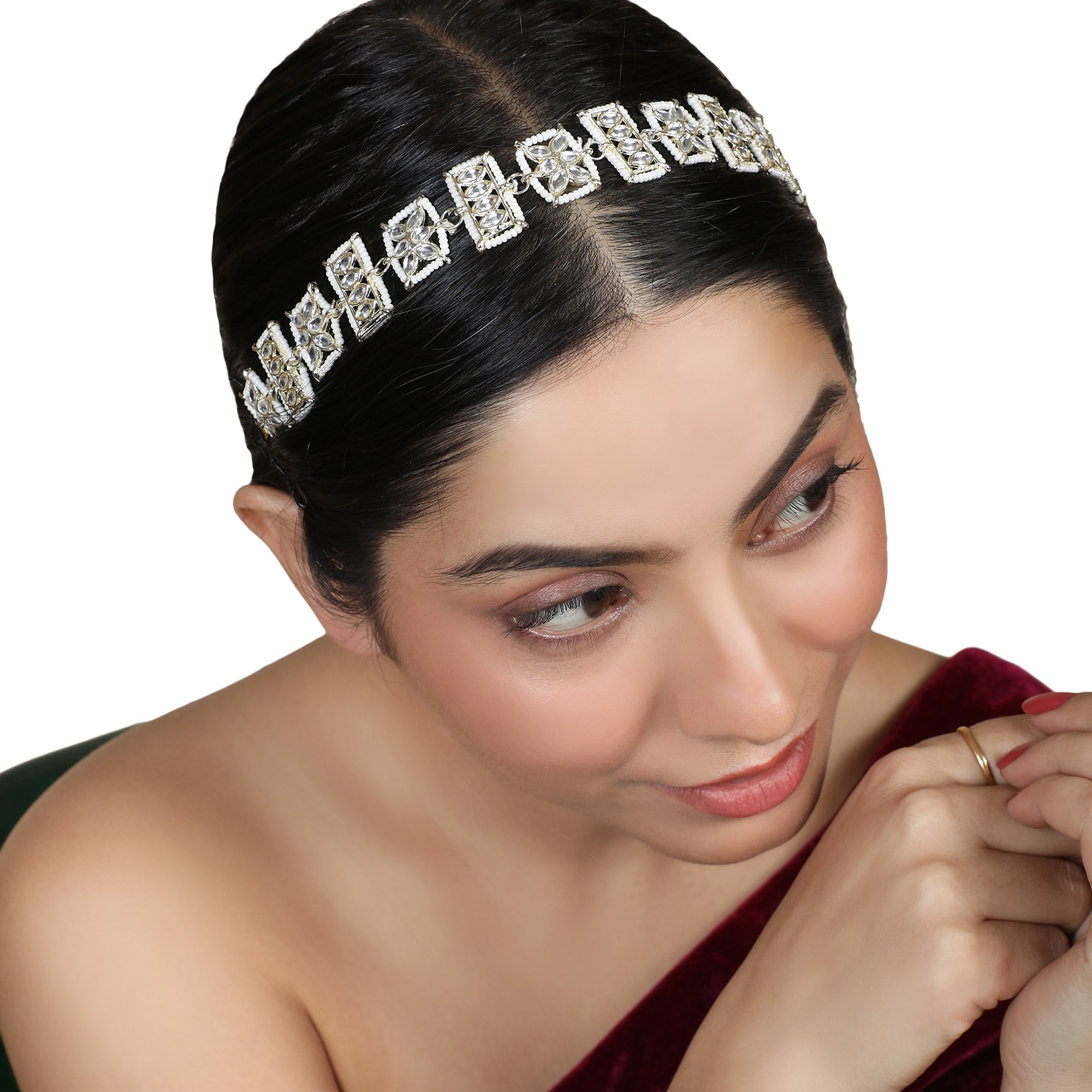 Women's/Girls Traditional Gold Plated Square Shaped White Colored Pearl And Kundan Studded Matha Patti