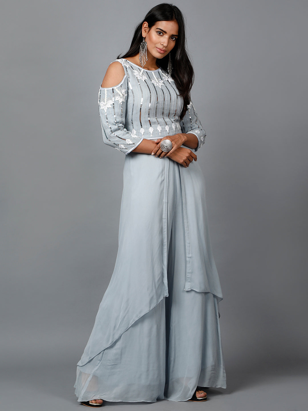 Women's Grey Sequins Work Kurta In Georgette And Pallazo