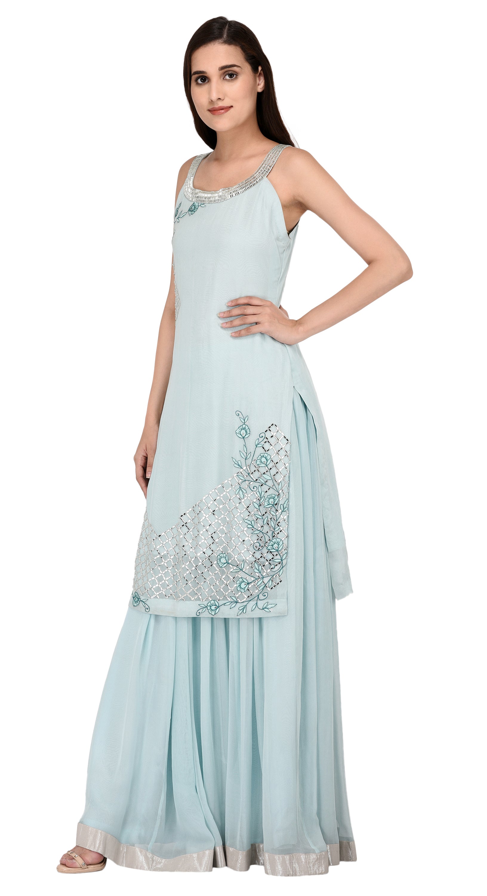 Women's Light Blue Embroidered Halter Neck Kurta With Georgette Lehanga Set