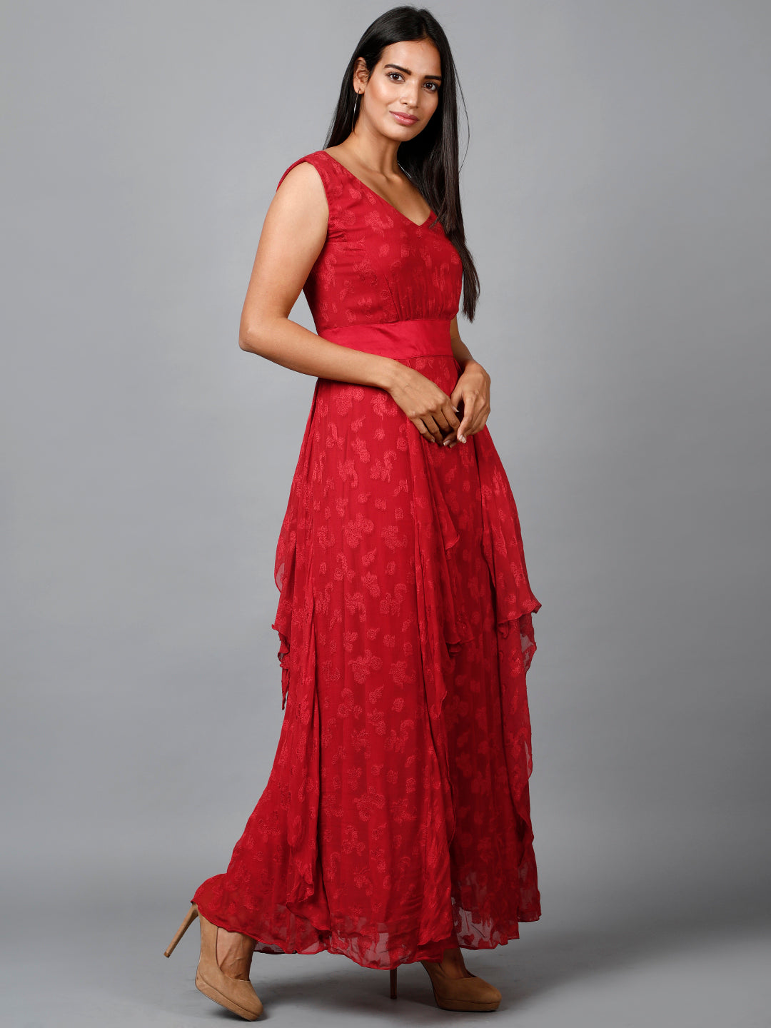 Women's Red Floral Self Design Georgette Dress