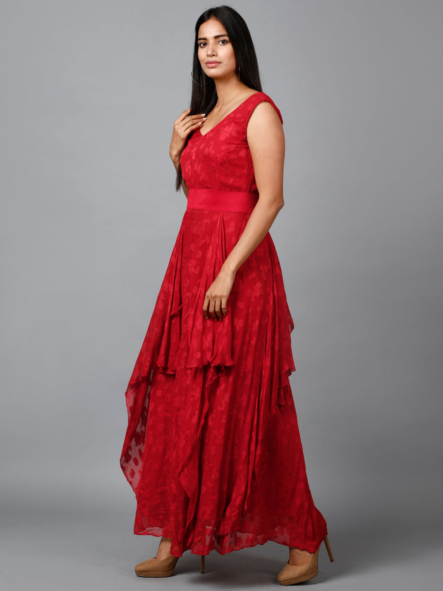 open lace back dress Red Sequins Floral Embroidered Georgette Anarkali Style Gown main image 1