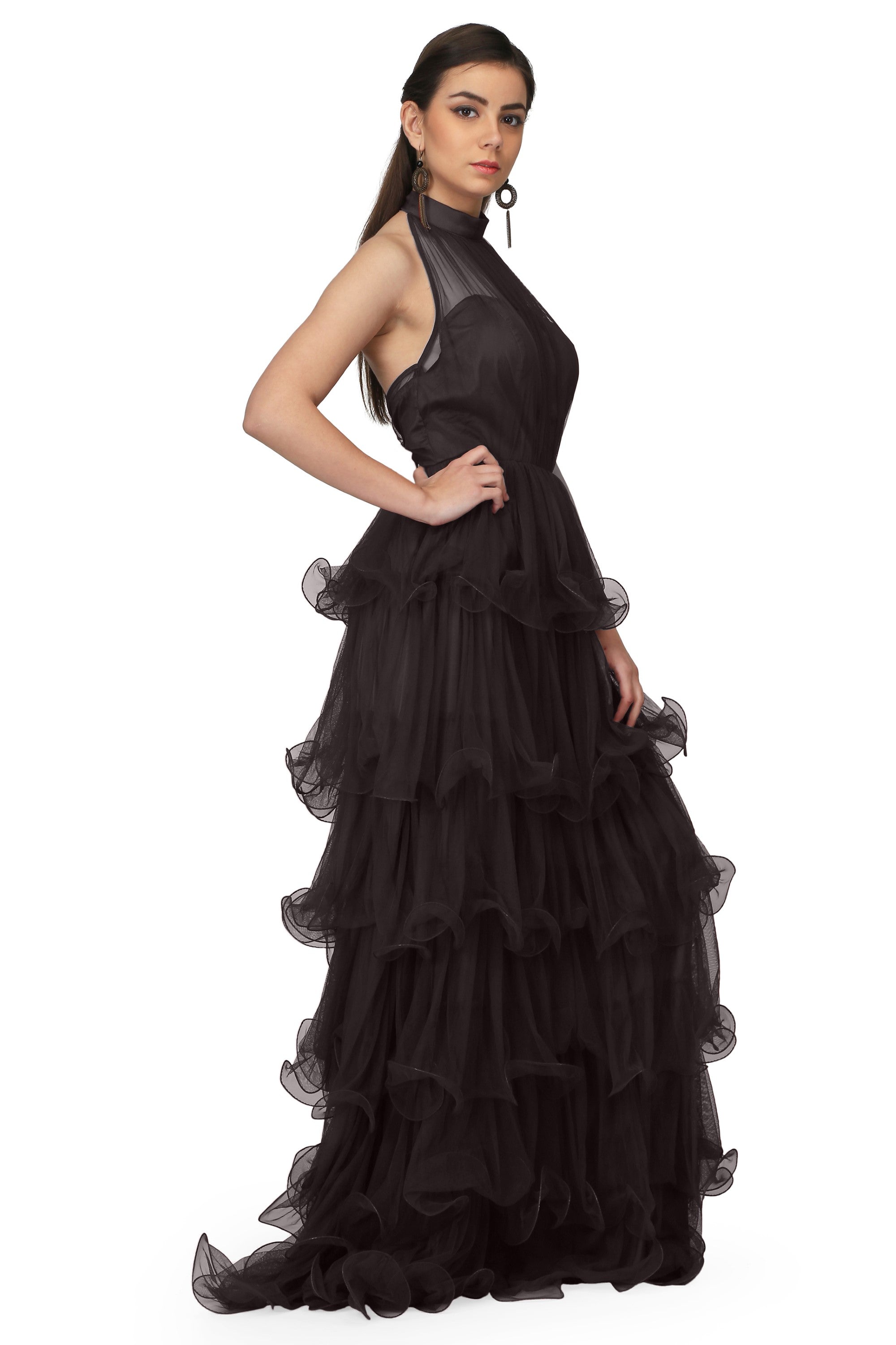 Women's Halter Neck Drape Net Corset Gown In Black