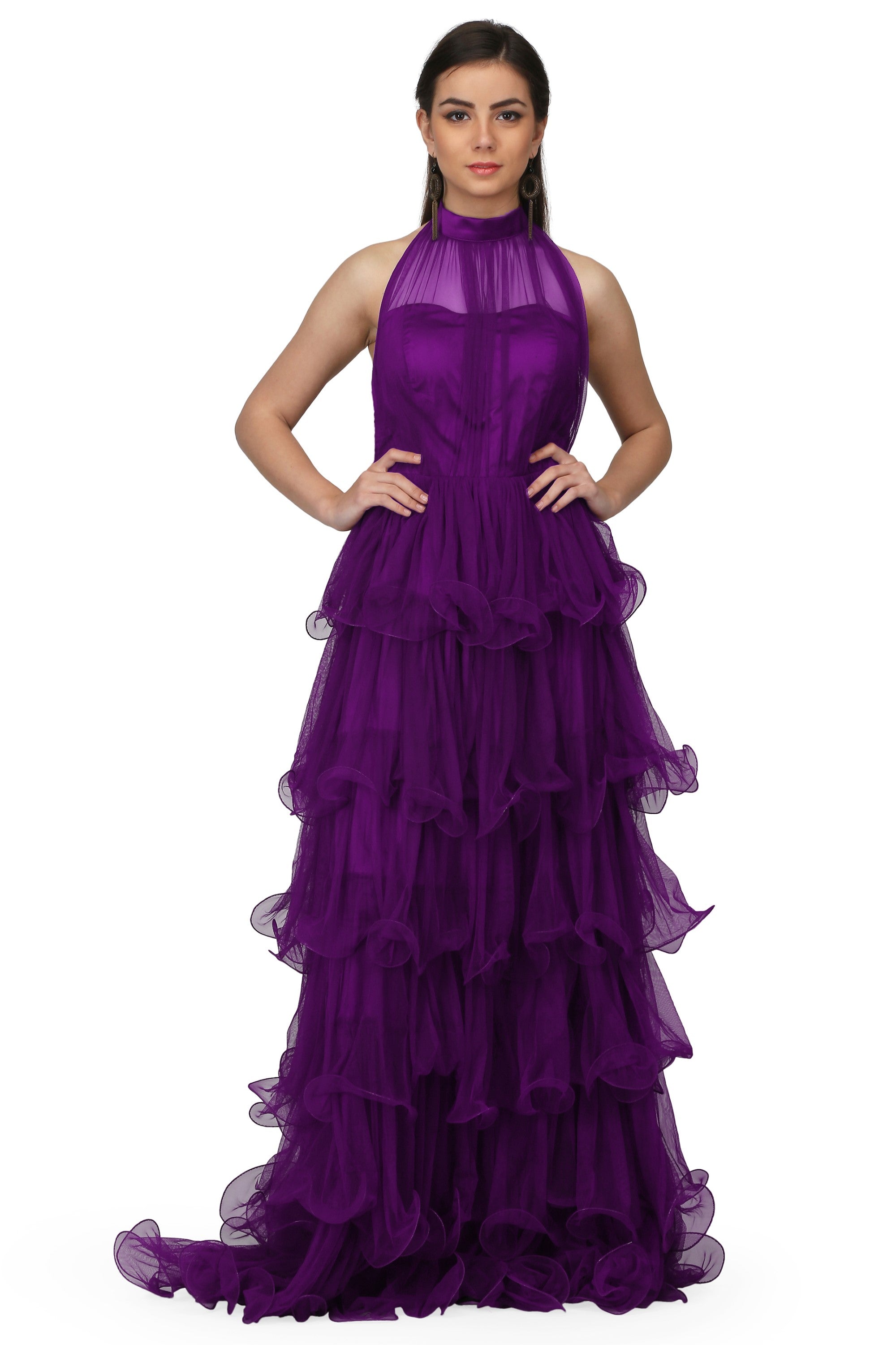 Women's Halter Neck Drape Net Corset Gown In Purple