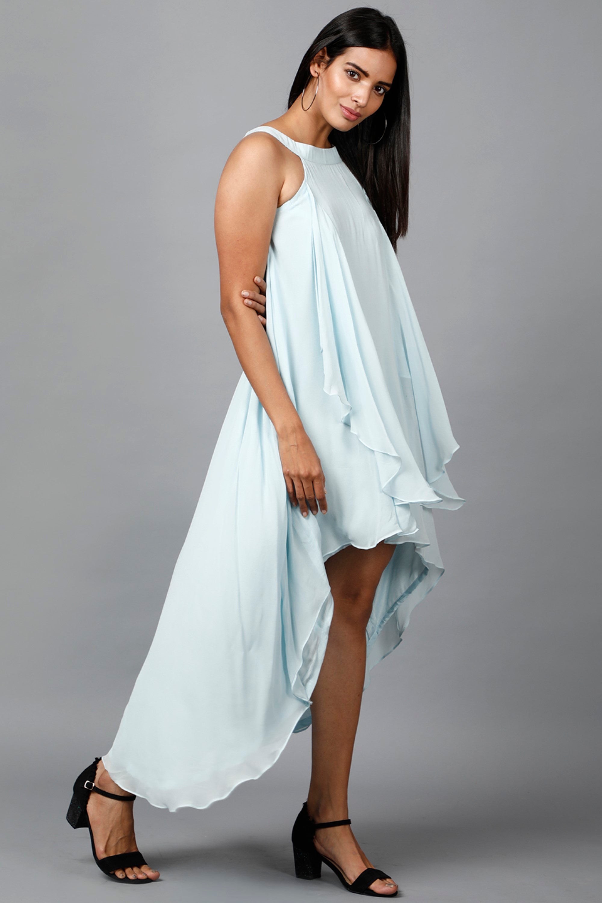 Women's Halter Neck Ruffle Drape Georgette Dress In Light Blue