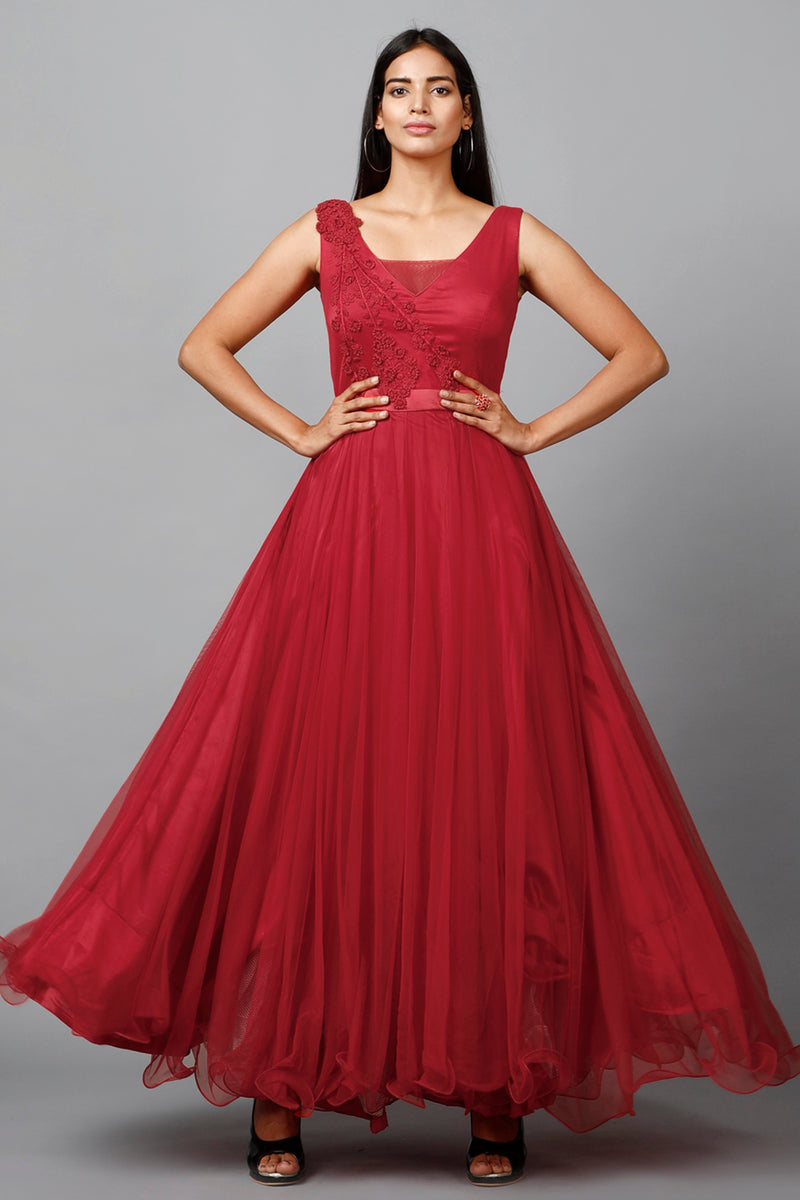 Women's Red Net Bridesmaid Embroidered Gown XXL