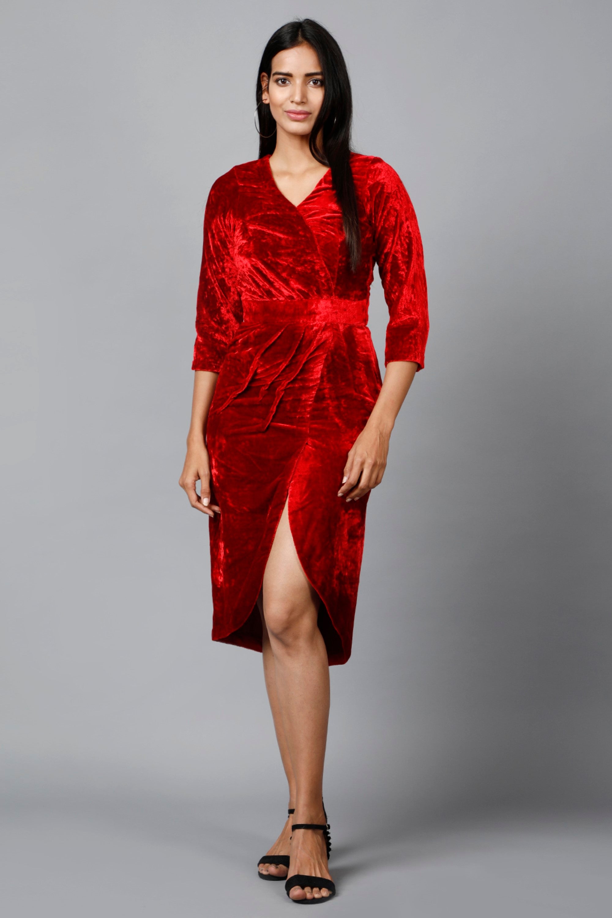 Women's Red Velvet Drape Party Dress