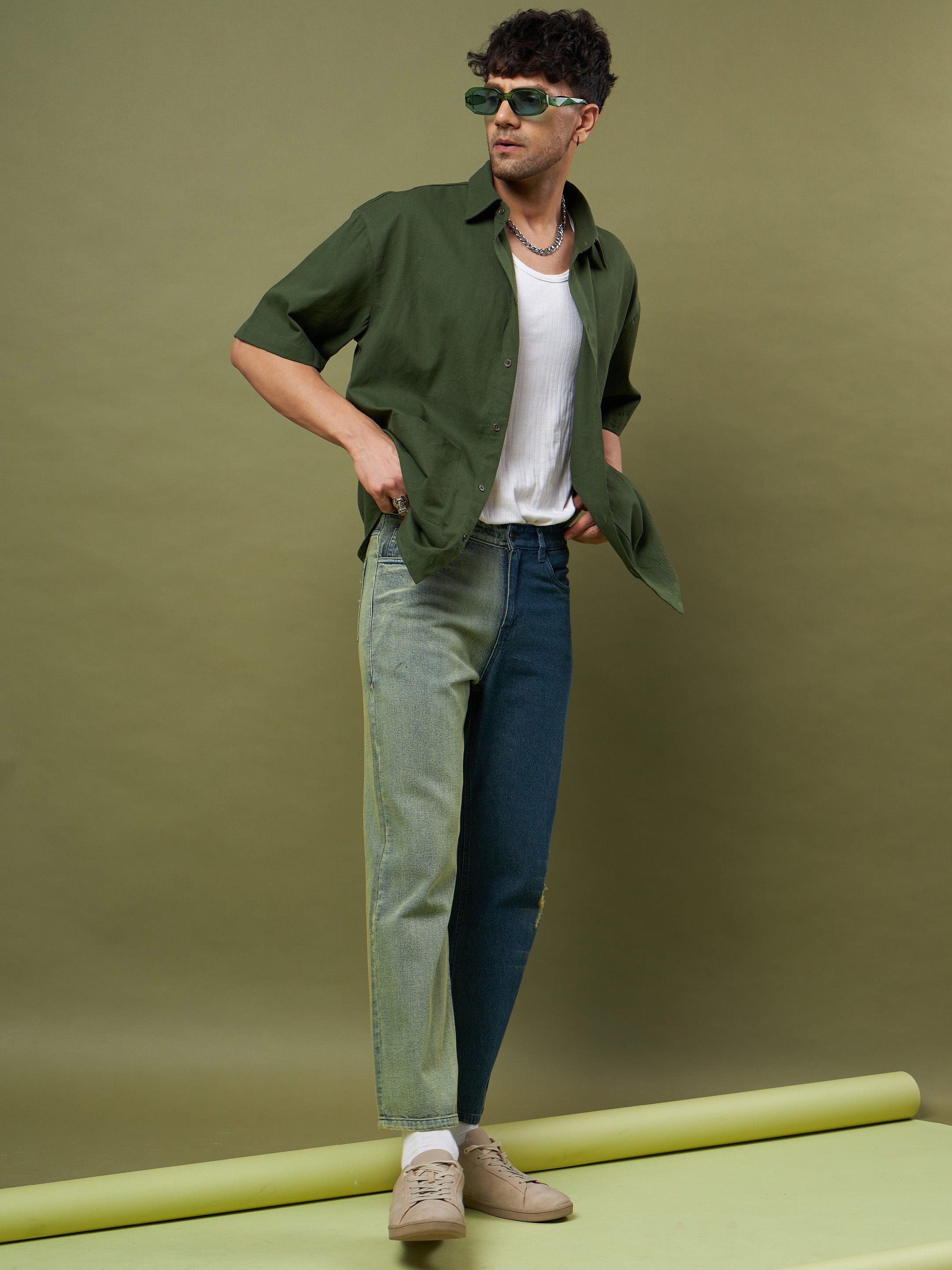 Men's Blue & Olive ColorBlock Relax Fit Jeans