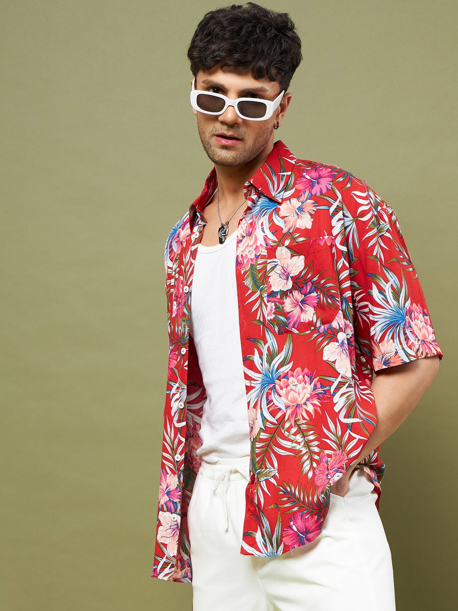 Men's Red Tropical Floral Oversized Shirt M / Red