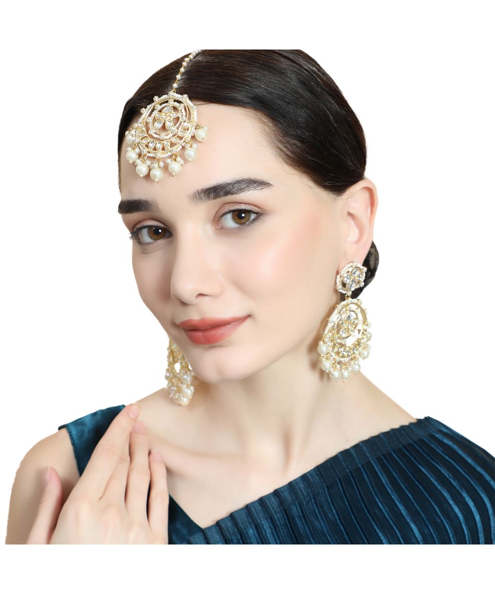 Women's Gold Plated Kundan and Pearl Studded Chandbali Maang-tikka and Jhumka Earring Set