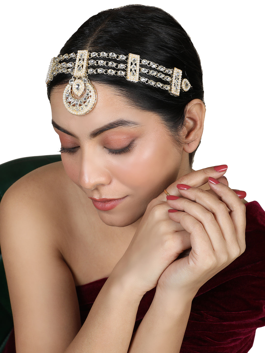 Women's/Girls Traditional Gold Plated Heavy Ornamental Stone And Pearl Studded Maangtikka With Matha Patti