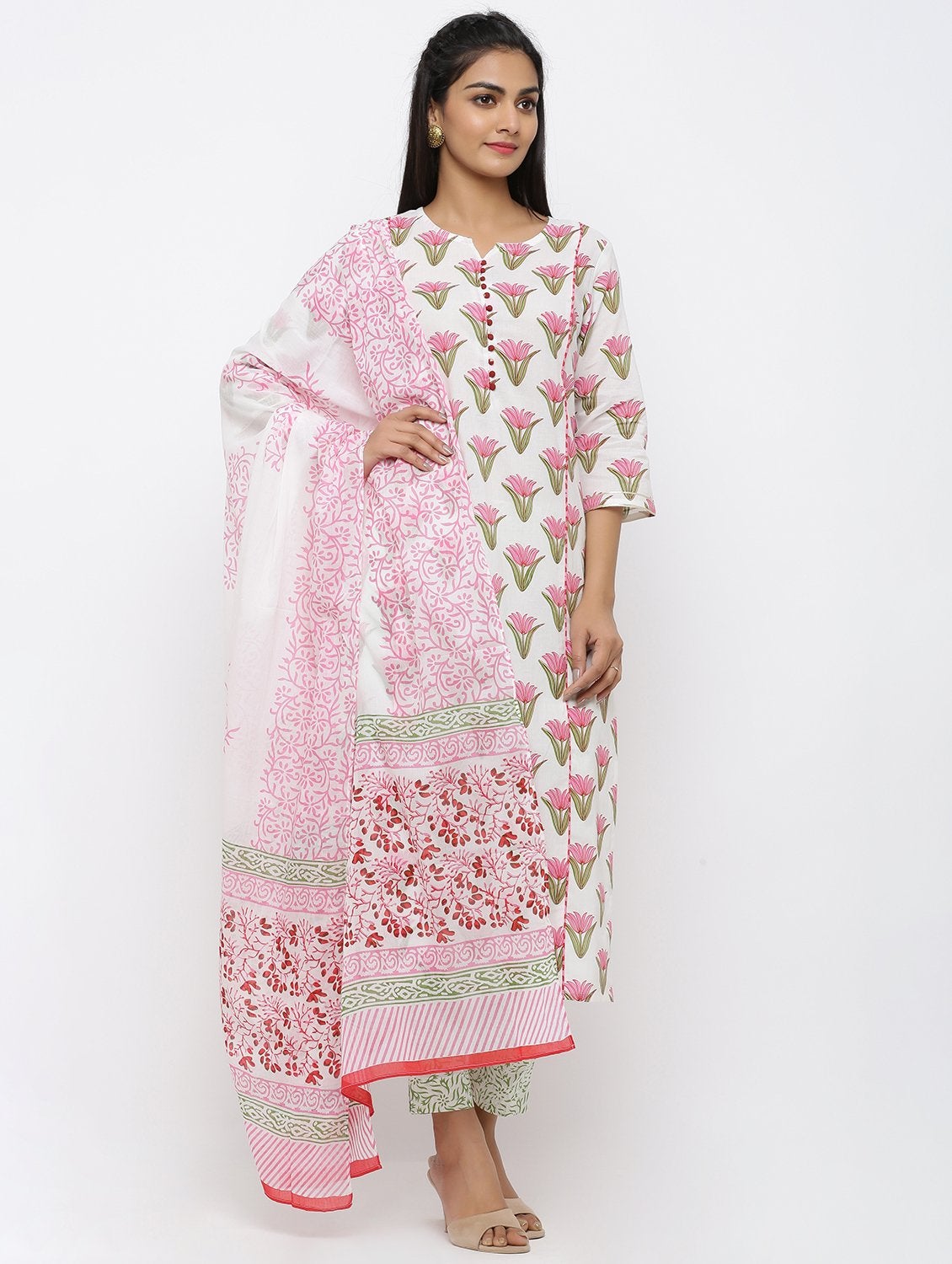 Women's Cotton Printed Straight Kurta Pant & Dupatta Set
