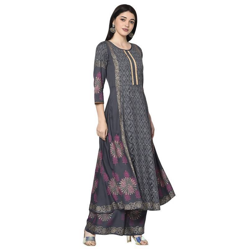 Women's Dark Grey Rayon Block print Anarkali Kurta