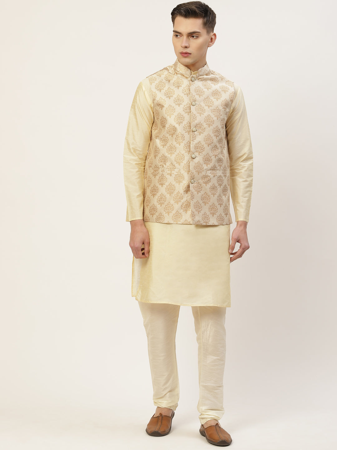 Men's Cream Printed Nehru Jacket ( JOWC 4032Cream )