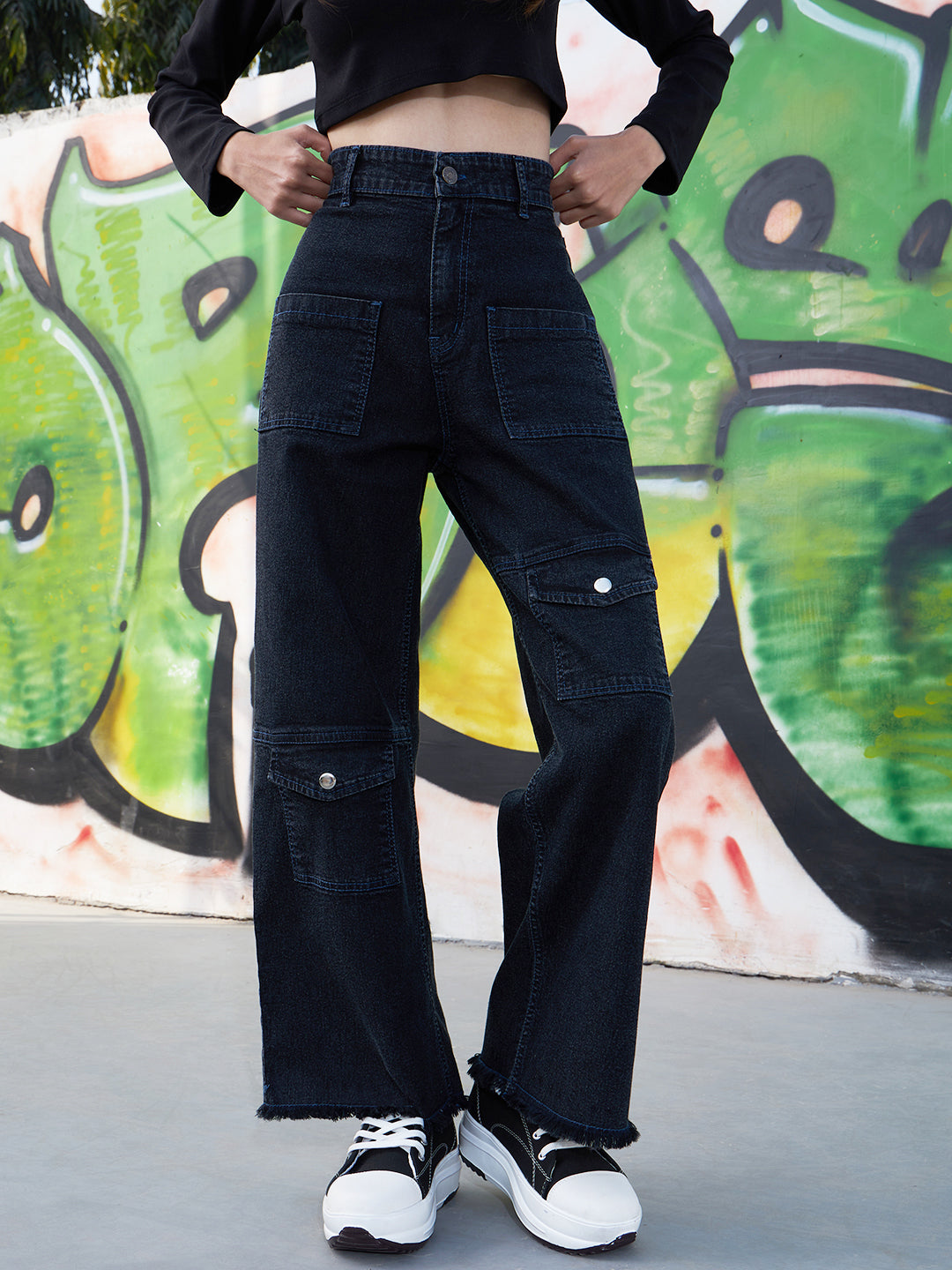 Girls Black Acid Wash Raw Hem Straight Jeans