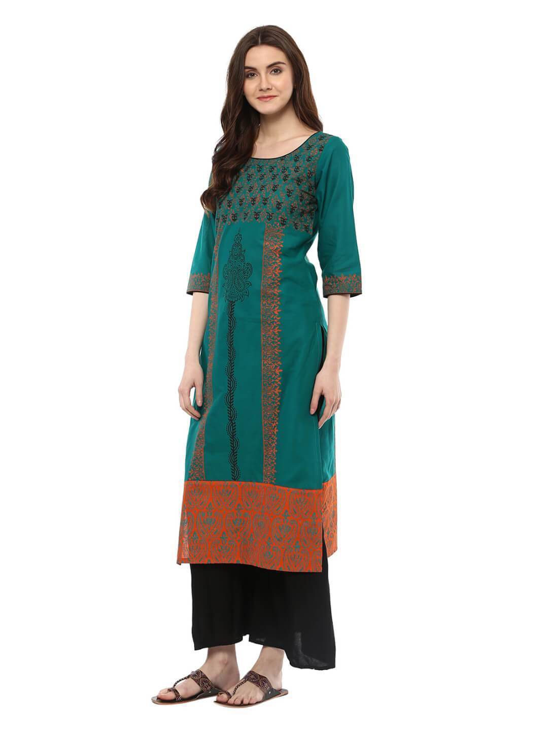 Women's Peacock Blue Ajrakh Hand Block Cotton Printed Straight Kurta