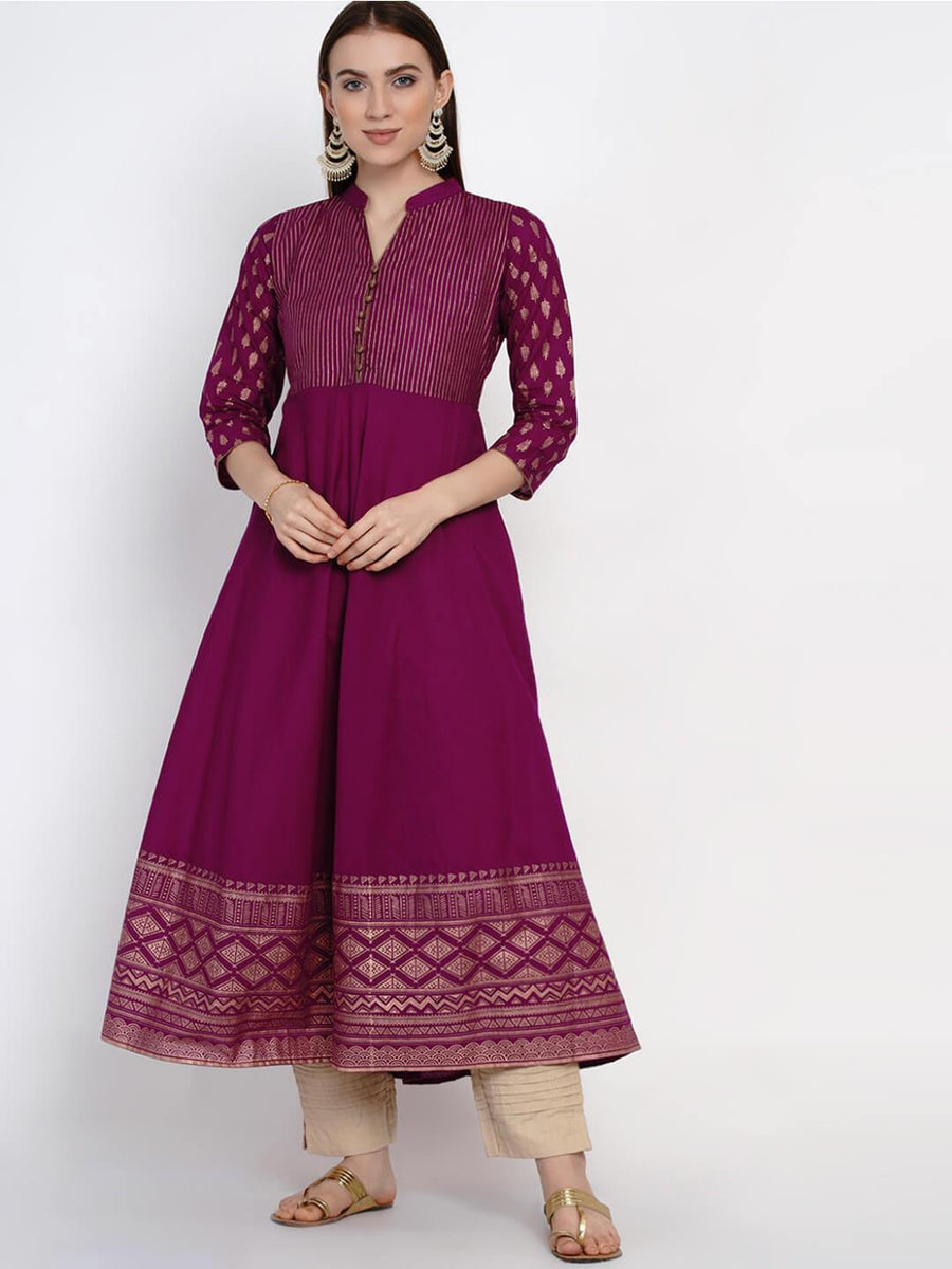 Women Grey Cotton Anarkali With Ajrakh Hand Block Print - Inayat main image 0