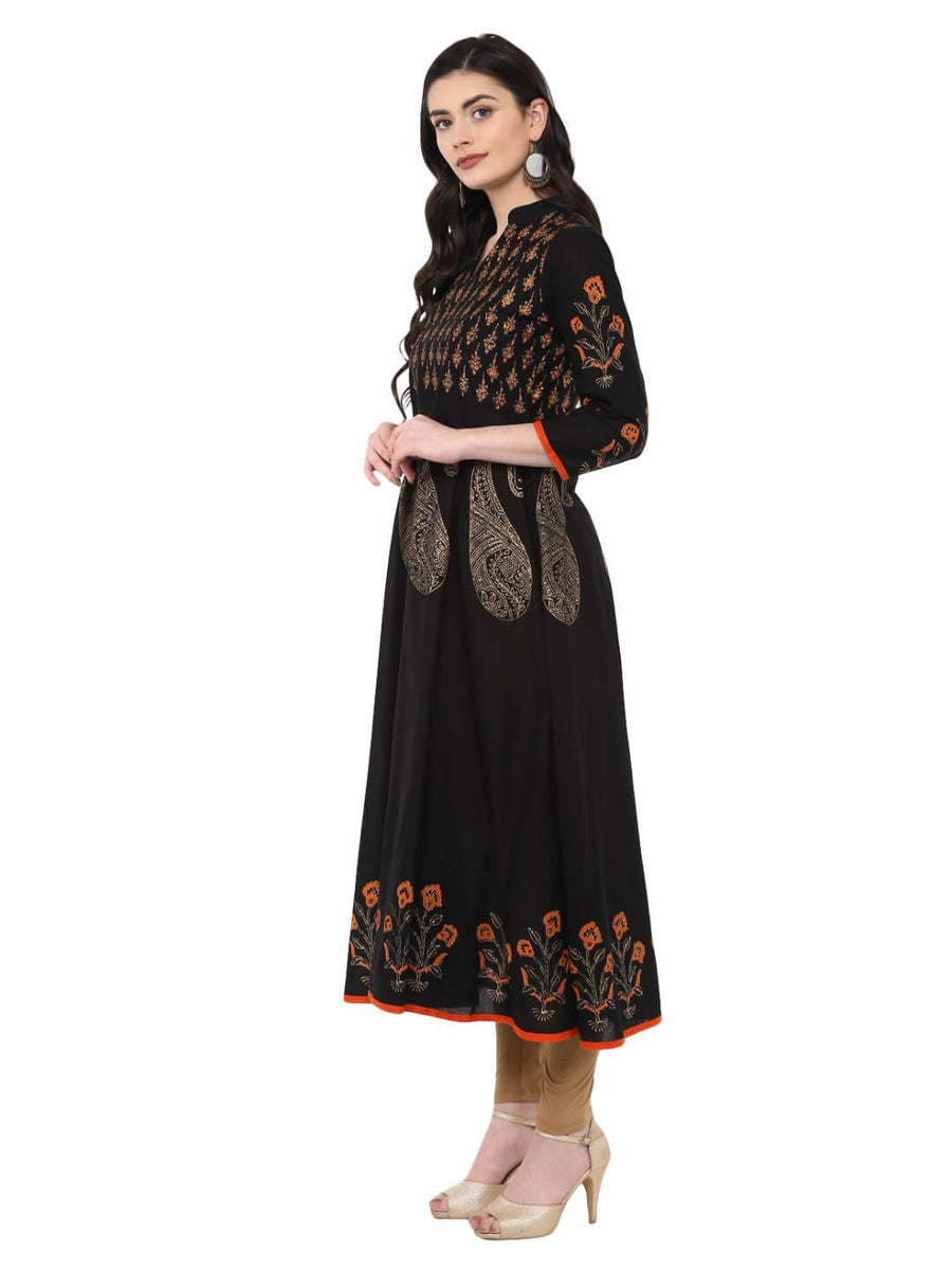 Women Golden And Red Anarkali With Ajrakh Hand Block Print - Inayat main image 1