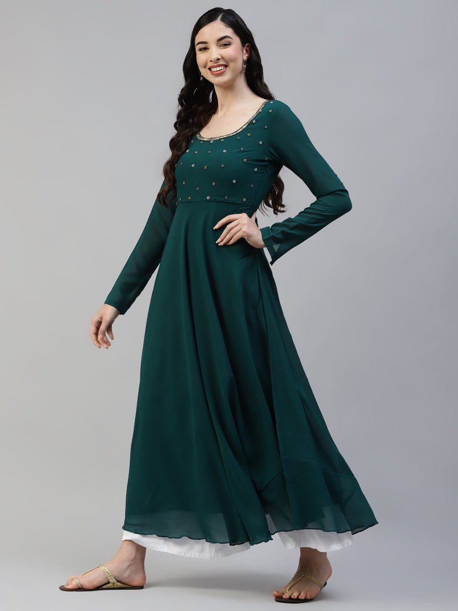 Women Green Georgette Hand Work Anarkali Kurta