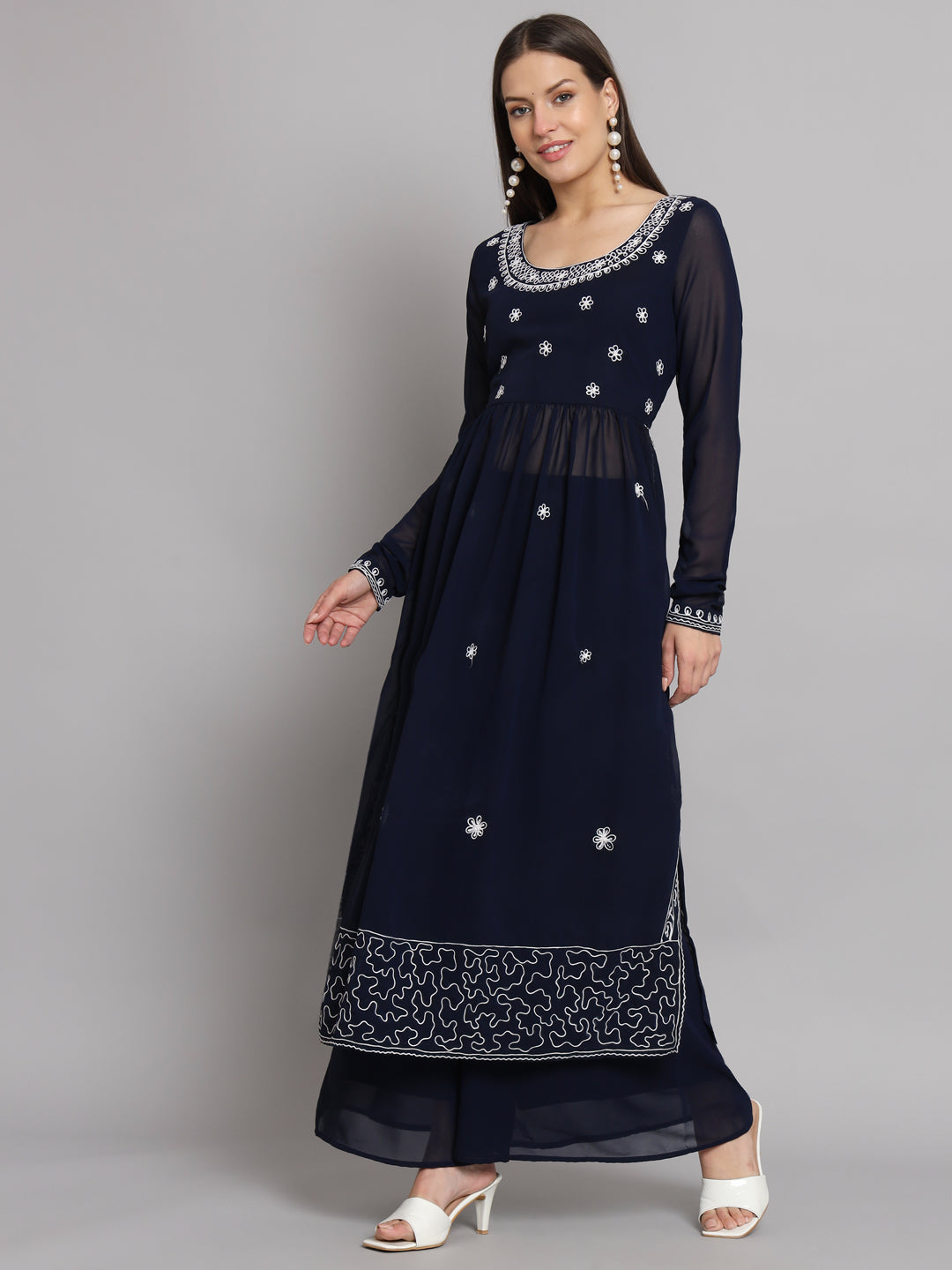 Women's Blue georgette Aari work A-Line Kurta with Sharara