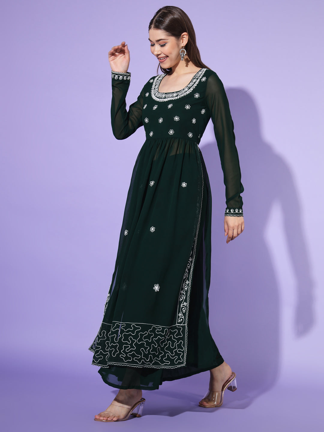 Women's Green georgette Aari work A-Line Kurta with Sharara