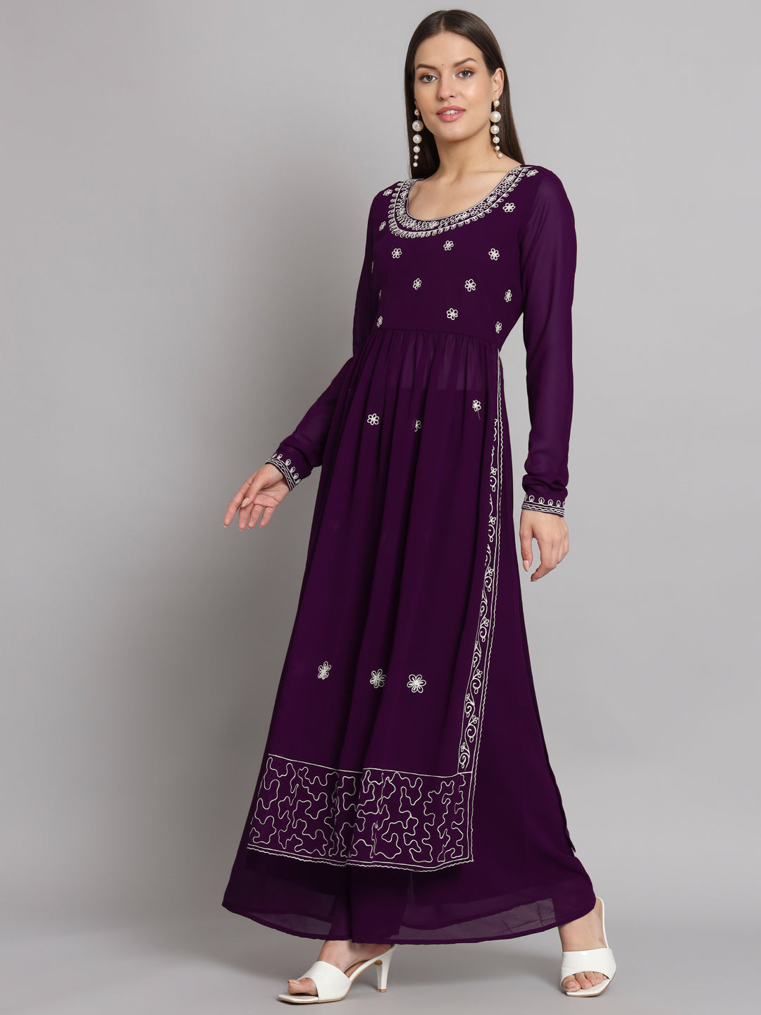 Women's Purple georgette Aari work A-Line Kurta with Sharara
