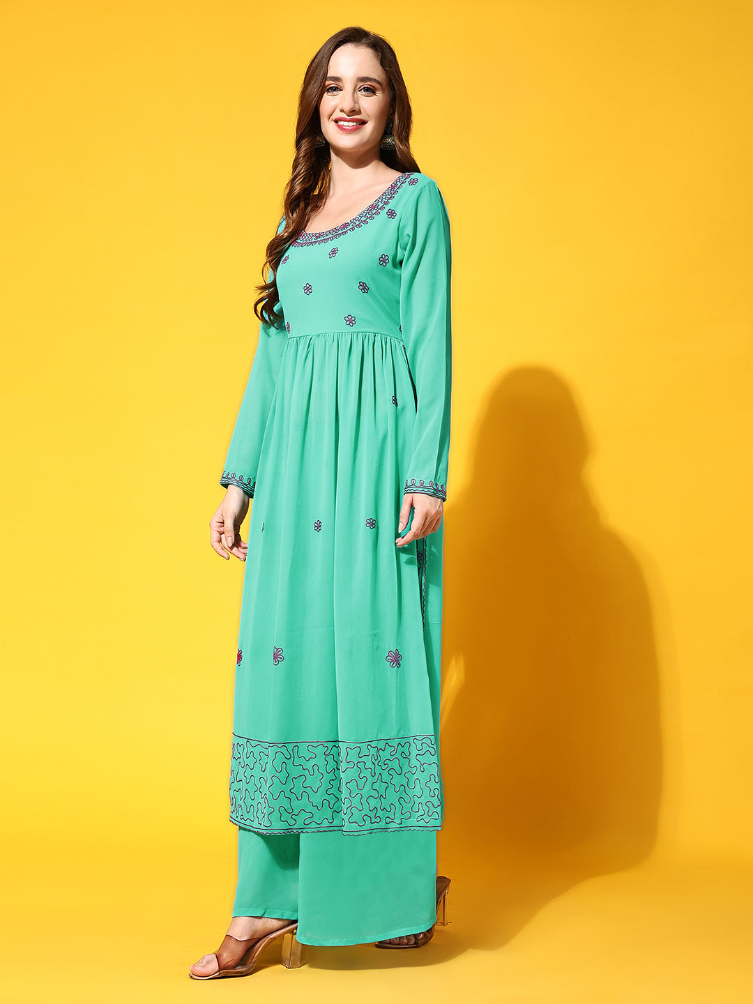 Women's Torquoise georgette Aari work A-Line Kurta with Sharara