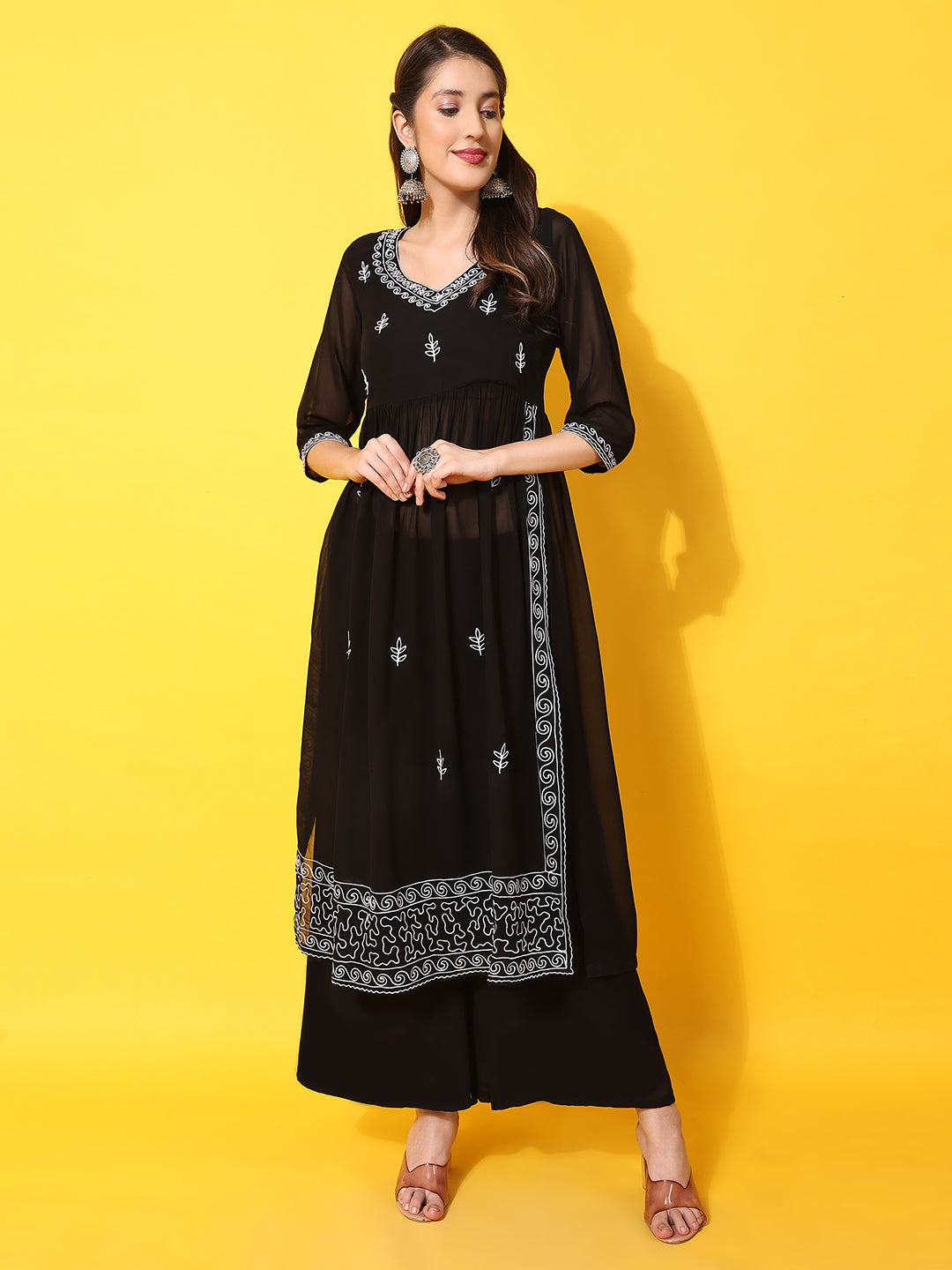Women's Black georgette Aari work A-Line Kurta with Sharara
