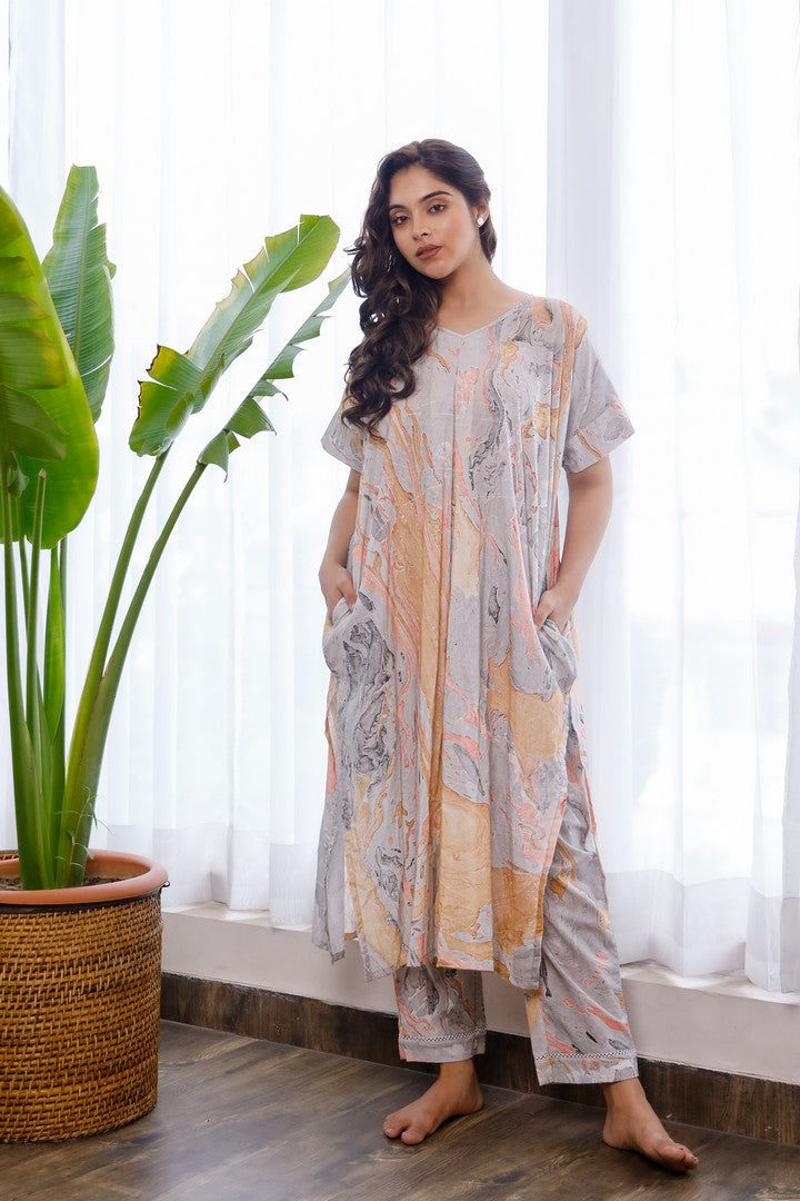 Women'S Marble Printed Brown And Black Cosy Co-Ord Set
