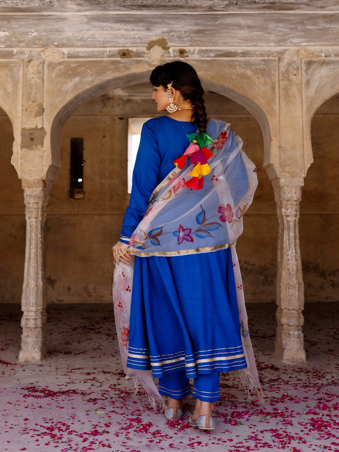 Women's Solid blue anarkali suit set with hand painted organza dupatta