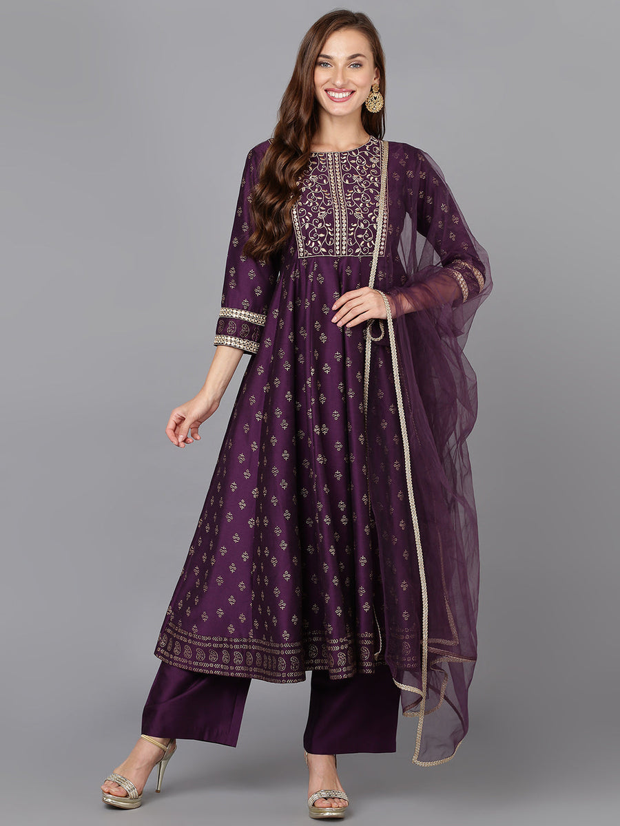Women Mauve Silk-Blend Sequined Embroidered Silk Blend Kurta with Pant & Embroidered Dupatta