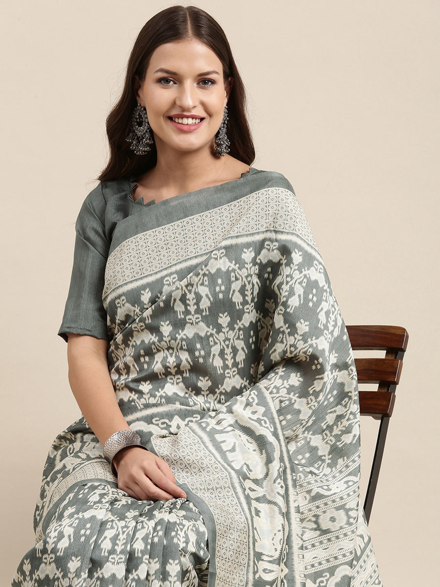Women's Georgette Grey Printed Celebrity Saree With Blouse Piece