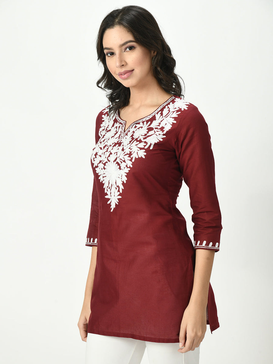 Maroon Embroidered Short Kurti, Skirt and Dupatta Set