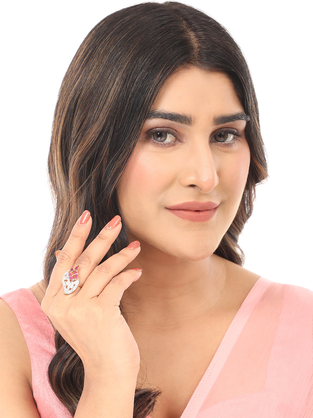 Women's White And Magenta American Diamond Studded Leaf Motif Ring