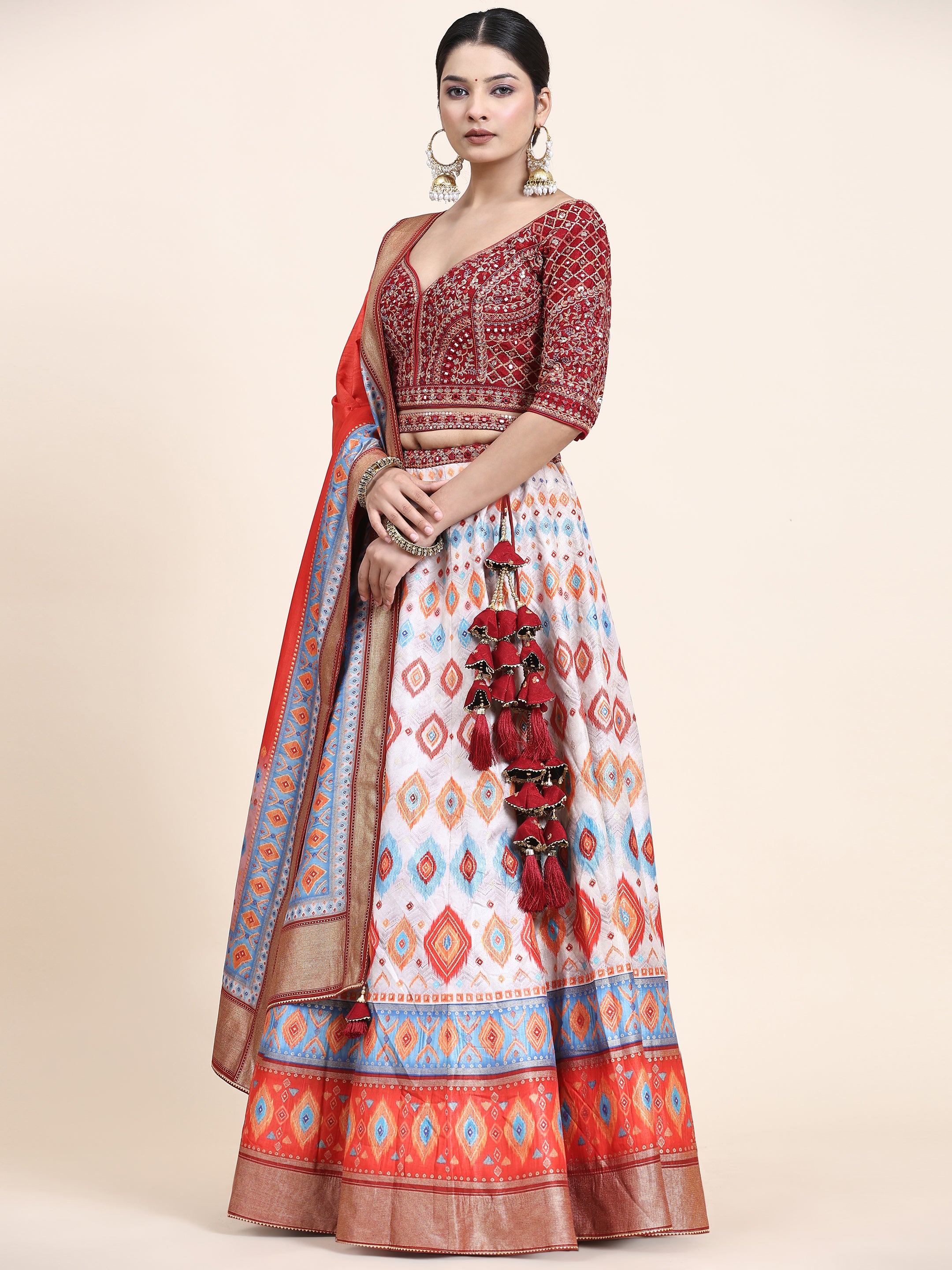 Women's Embroidered Lehenga Blouse with waistbelt set- 4pc set