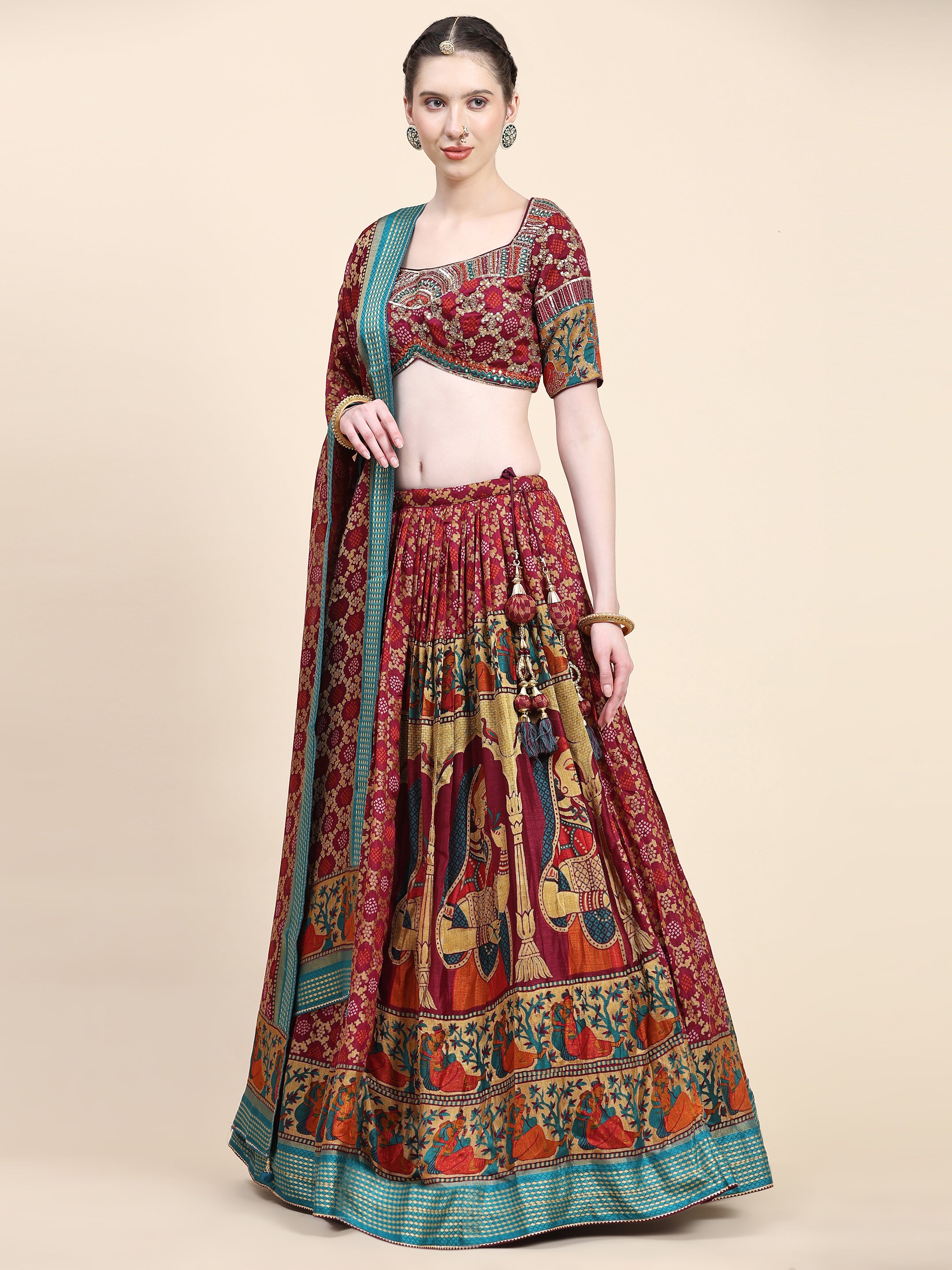 Women's Embroidered Lehenga Blouse with waistbelt set- 4pc set