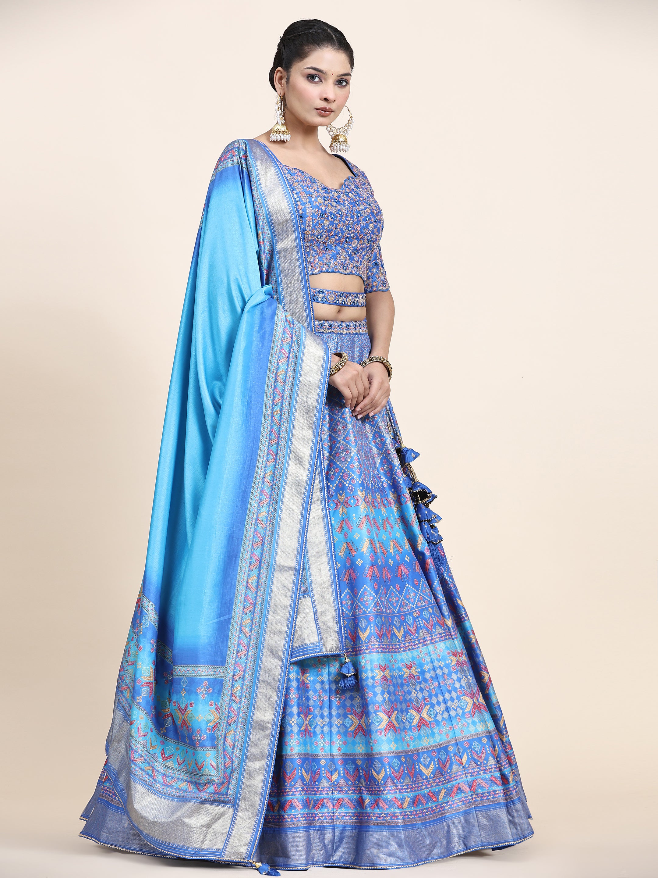 Women's Blue Floral Lehenga Blouse with waistbelt set- 4pc set