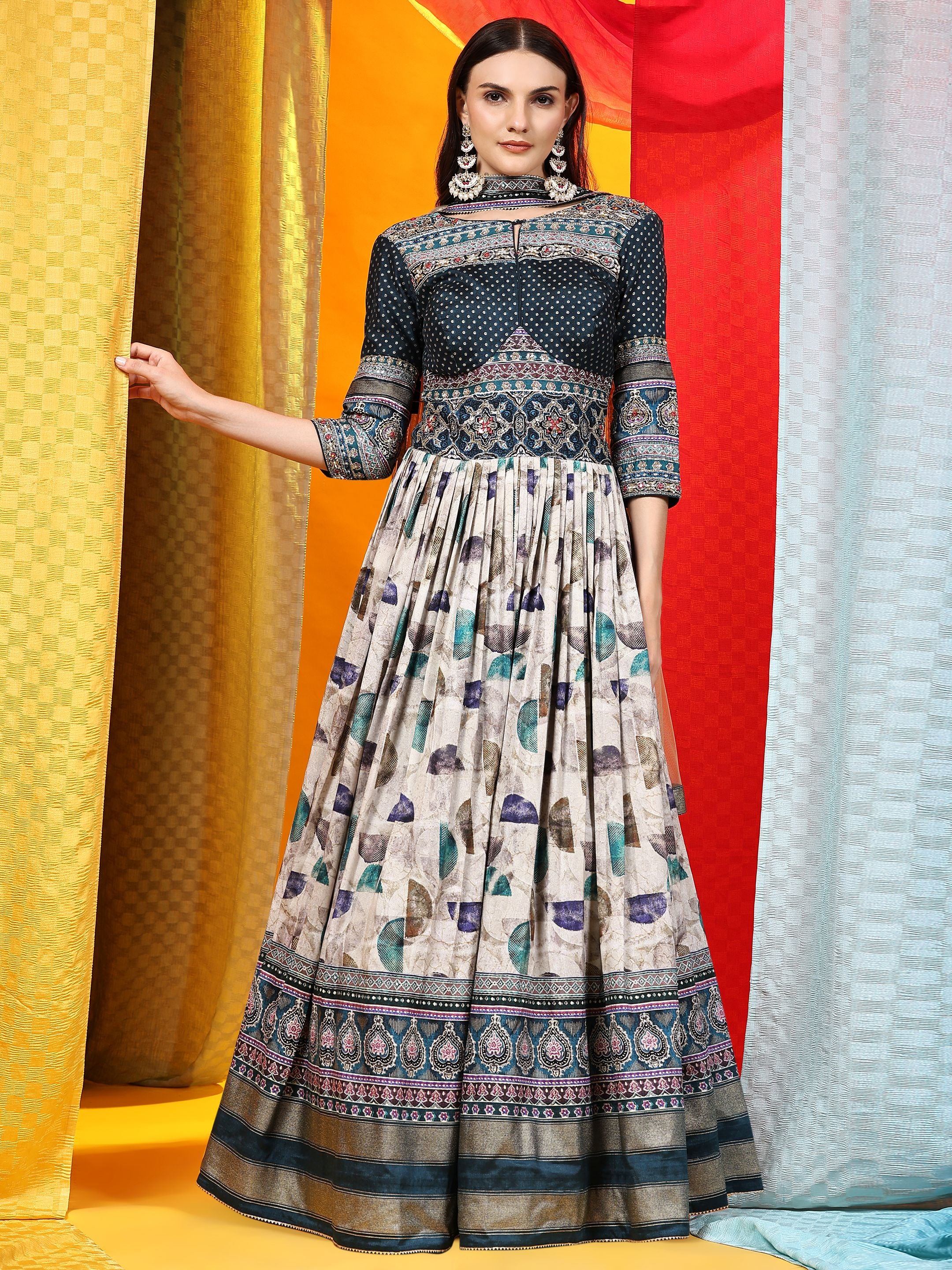 silk ethnic dresses Green Pink Silk Elegant Dress