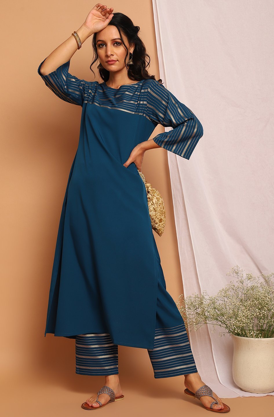 Women's Teal Poly Crepe Kurta With Palazzo